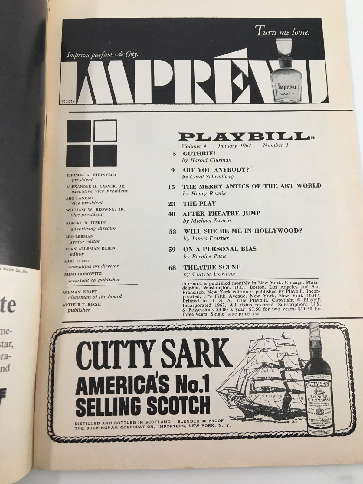 Interior page of the 1967 Playbill from Sam S. Shubert Theatre, including a list of articles and features in the Playbill.