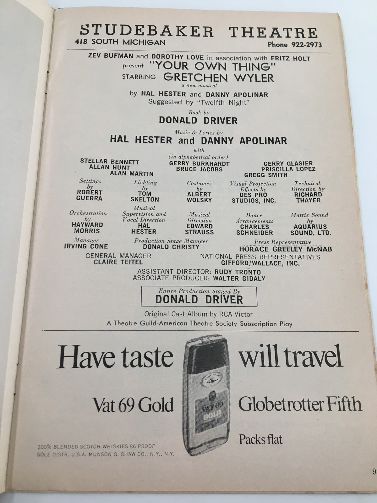 Back cover of the 1969 Playbill for Your Own Thing at the Studebaker Theater, including cast details and production information.