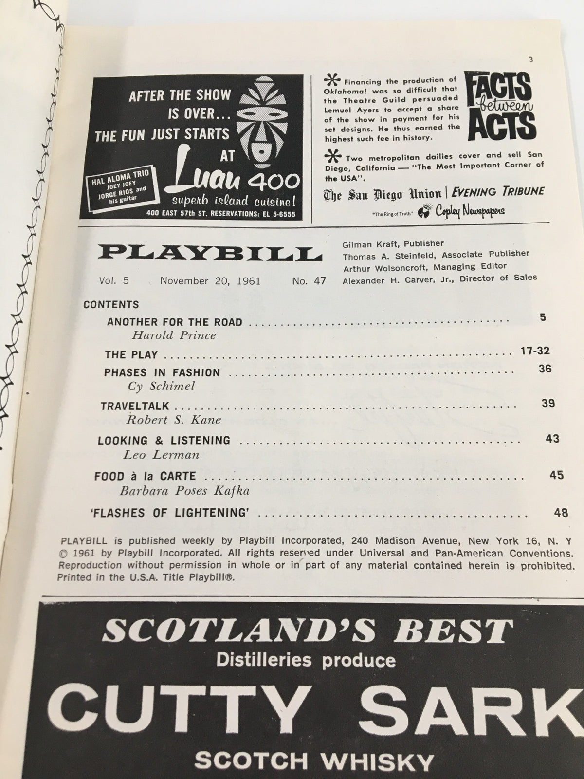 Interior page of the 1961 Playbill for Irma La Douce, including contents and advertisements from the Alvin Theatre.