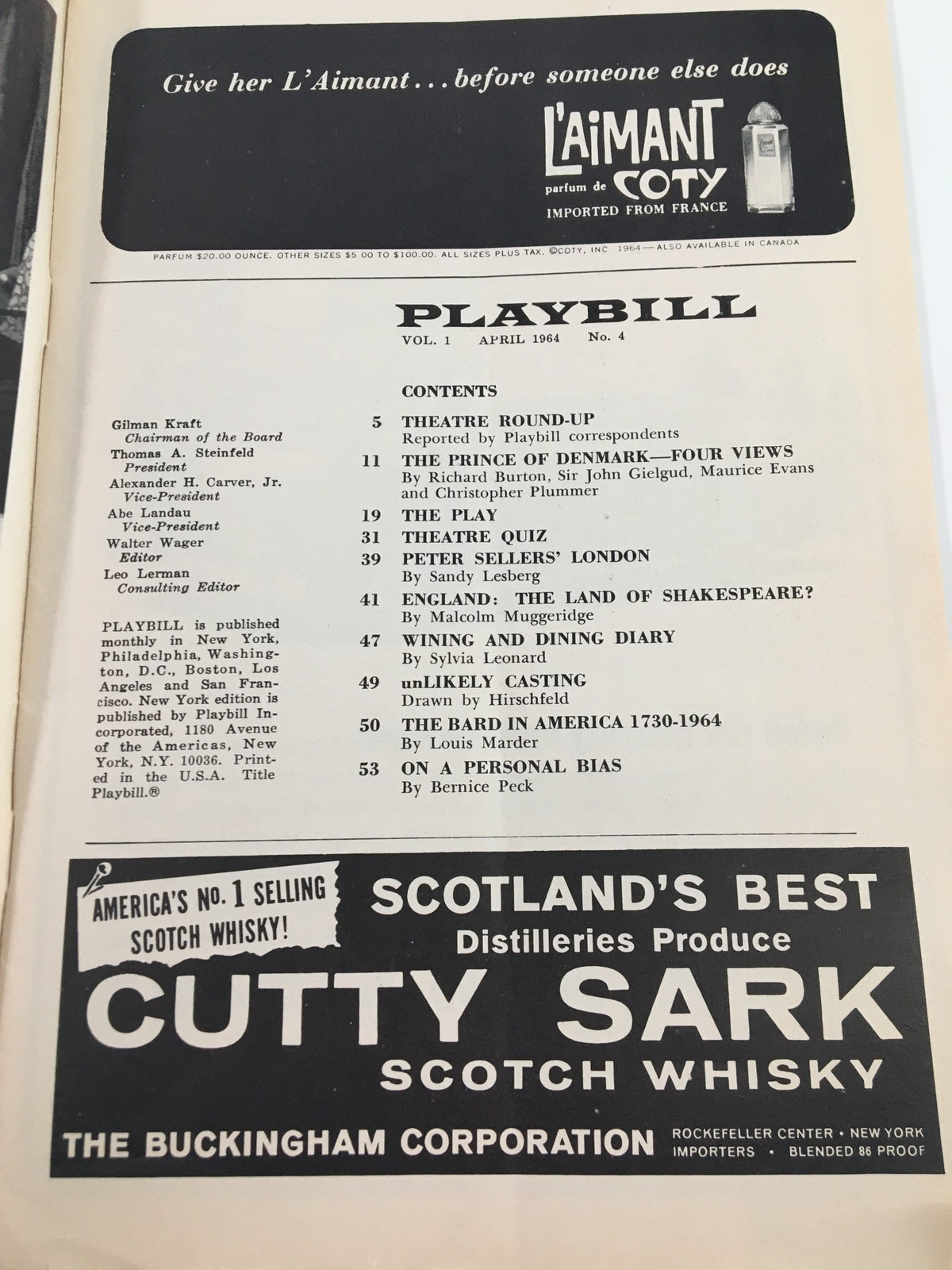 Internal page of the 1964 Playbill from The Plymouth Theatre, detailing advertisements and theatre contents for the month of April.