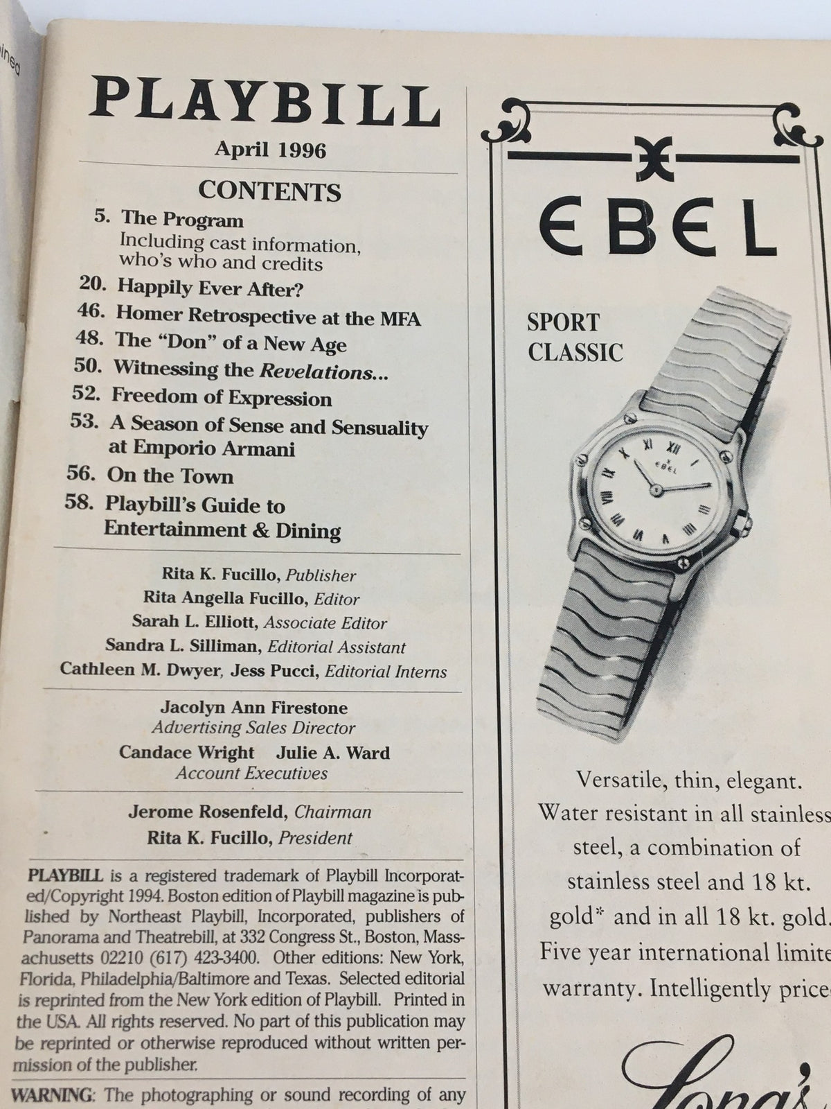 1996 Playbill Shubert Theatre Rodgers and Hammerstein's Carousel, featuring the contents page with details about the theatrical program.
