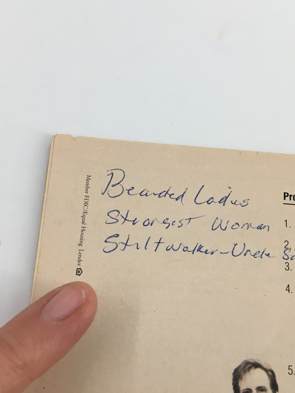 1996 Playbill Shubert Theatre Rodgers and Hammerstein's Carousel, highlighting handwritten notes including 'Bearded Ladies' and 'Strongest Woman Stiltwalker' with an image of Uhela.