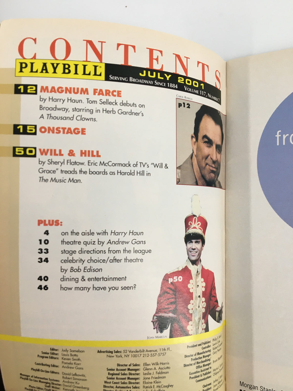 Inside content page of the 2001 Playbill for The Full Monty, highlighting articles and features from the July 2001 issue.