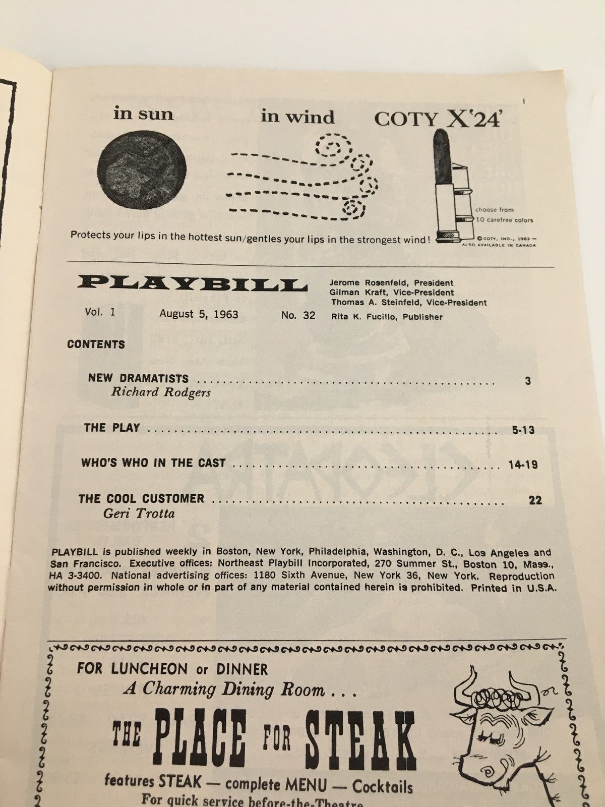 Inside page of the 1963 Playbill from Shubert Theatre, listing featured performances including Richard Rodgers' New Dramatists and The Cool Customer.