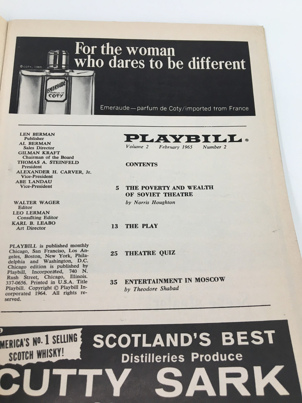 1965 Playbill from Shubert Theatre, February edition, showcasing content including 'The Poverty and Wealth of Soviet Theatre' and other theatrical articles.