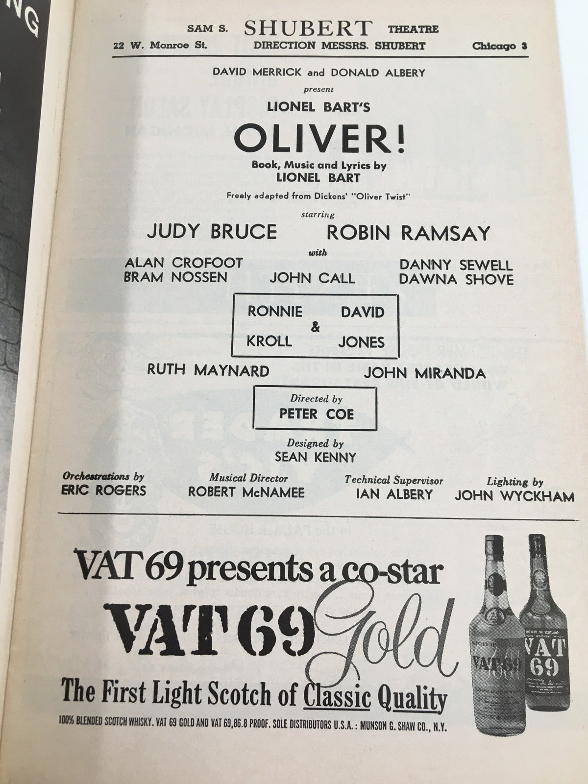1965 Playbill from Shubert Theatre, detailing the cast and crew of Lionel Bart's Oliver!, including Judy Bruce and Robin Ramsay.