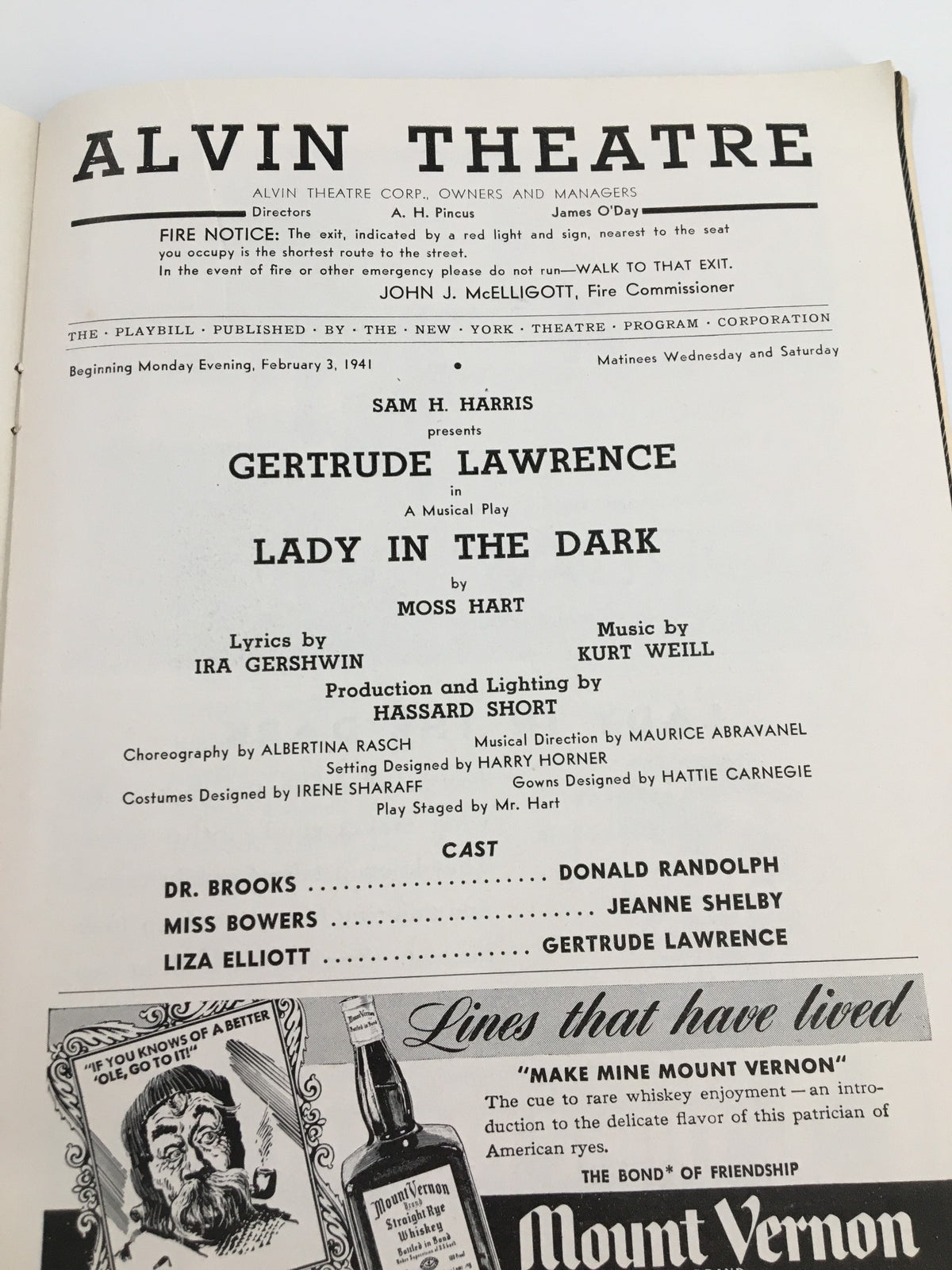 1941 Playbill from Alvin Theatre featuring Gertrude Lawrence in the musical play Lady in the Dark. The cover showcases the production details including the cast, lyrics, and creative team.