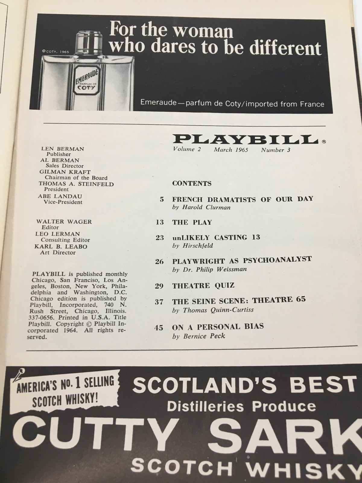 Interior page of the 1965 Playbill from the National Repertory Theatre showing editorial content and advertisements, preserving theatrical history.