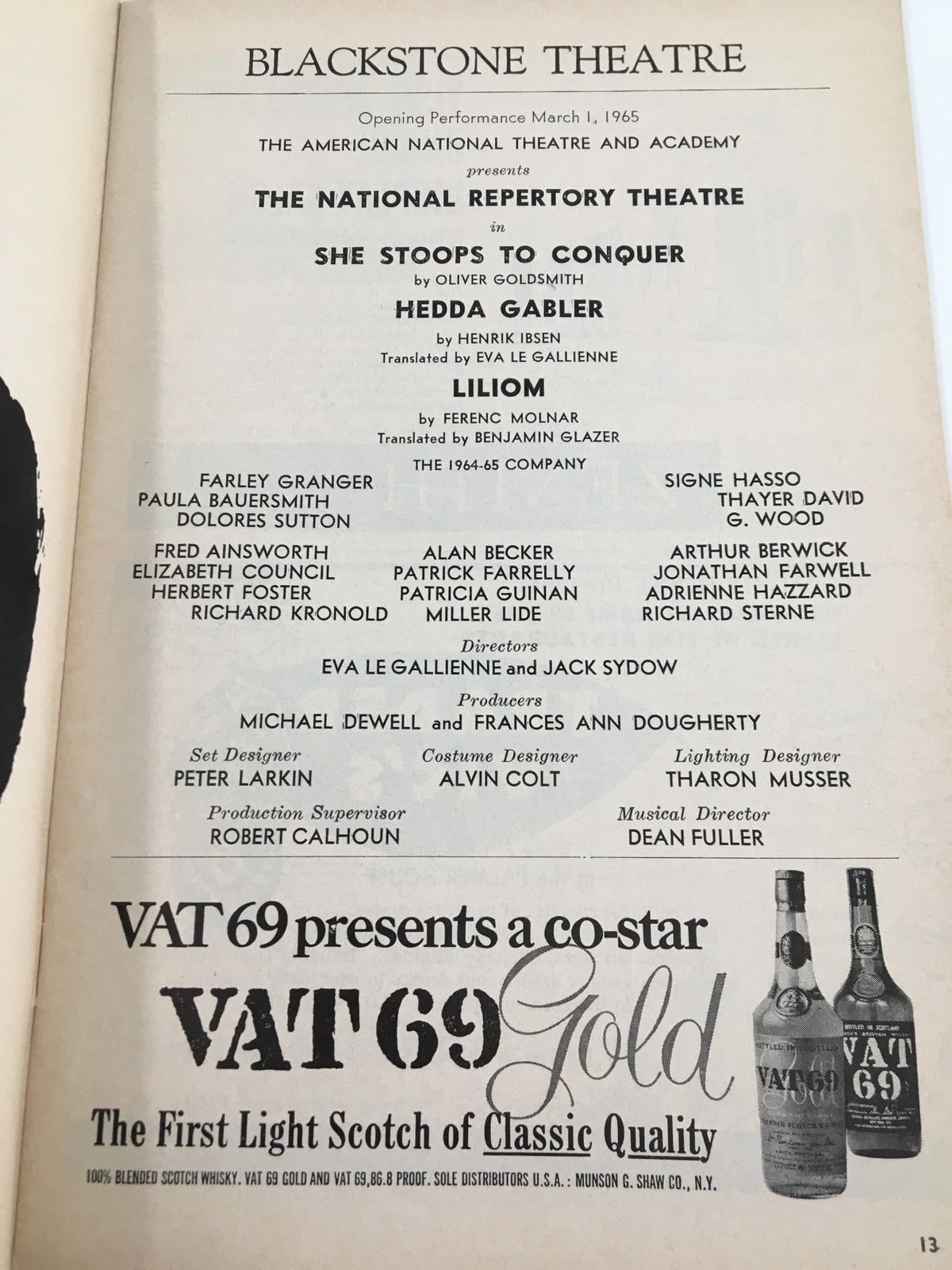 Opening page of the 1965 Playbill from the National Repertory Theatre for the production of She Stoops to Conquer, featuring cast details and production credits.
