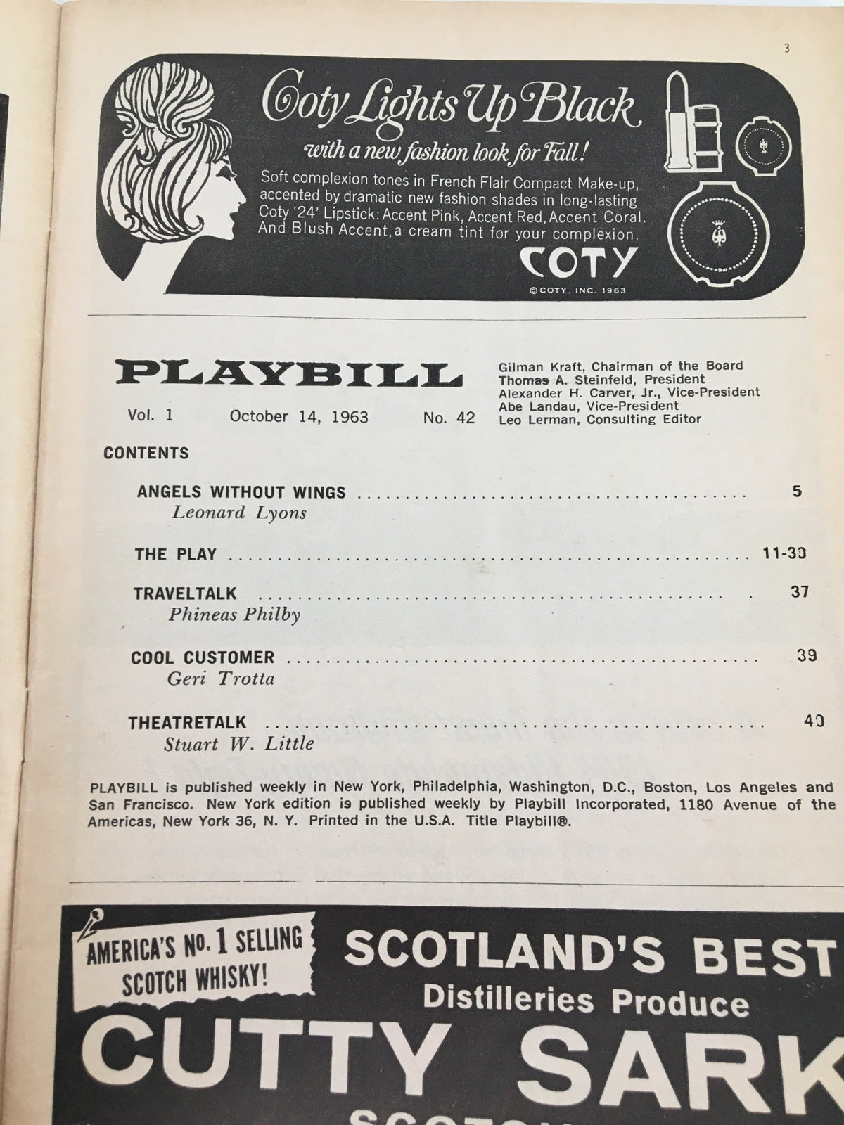 1963 Playbill for 'How to Succeed in Business Without Really Trying' featuring the contents including Angels Without Wings, Travel Talk, and theatrical listings.