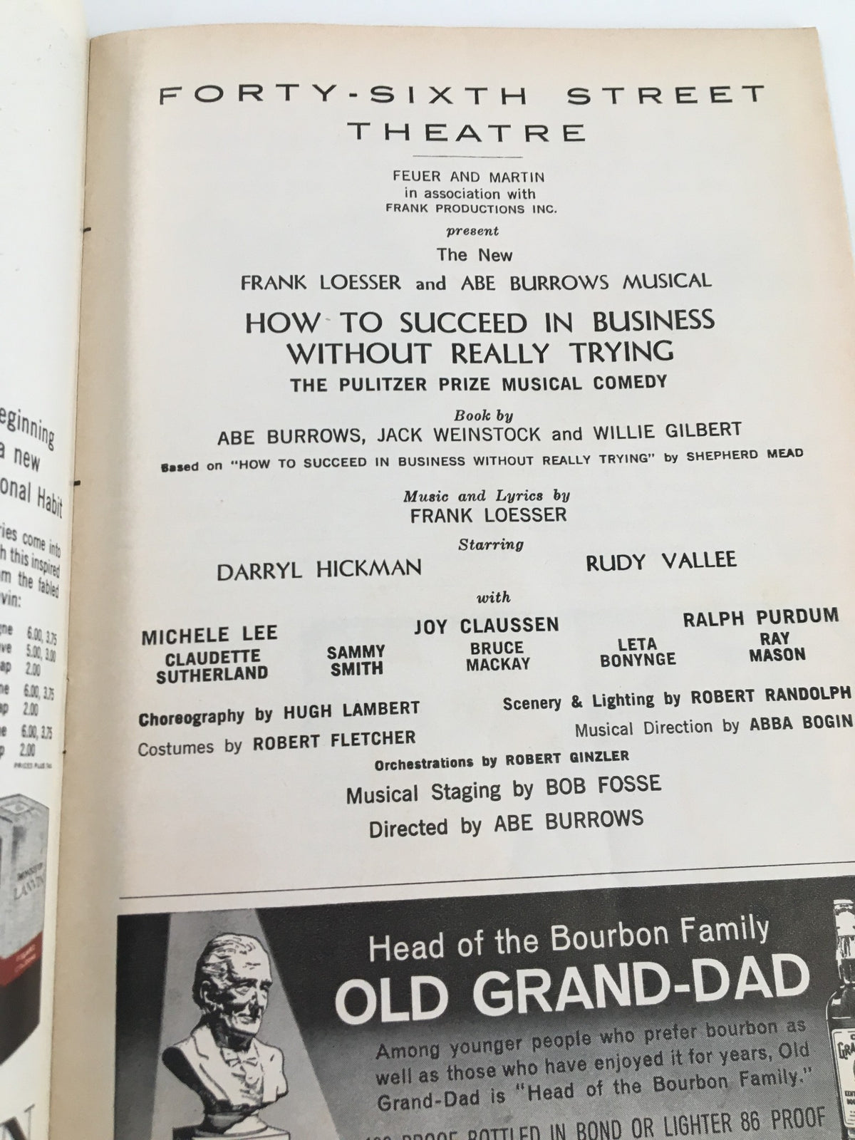 1963 Playbill from the 46th St. Theatre showcasing the cast and crew details of 'How to Succeed in Business Without Really Trying' including Frank Loesser and Bob Fosse.