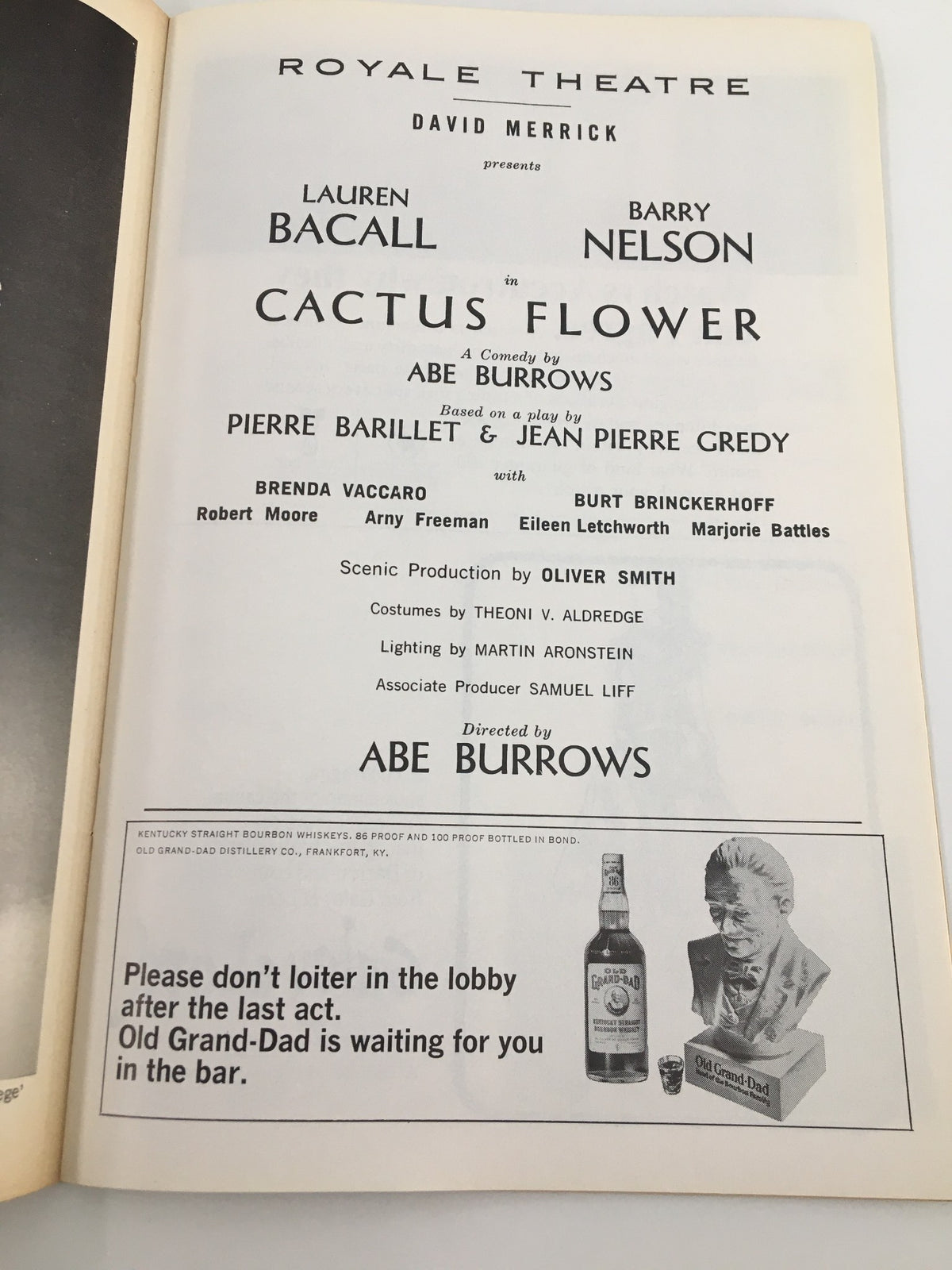 Cast information page from the 1965 Playbill Royale Theatre for Cactus Flower, featuring Lauren Bacall and Barry Nelson.