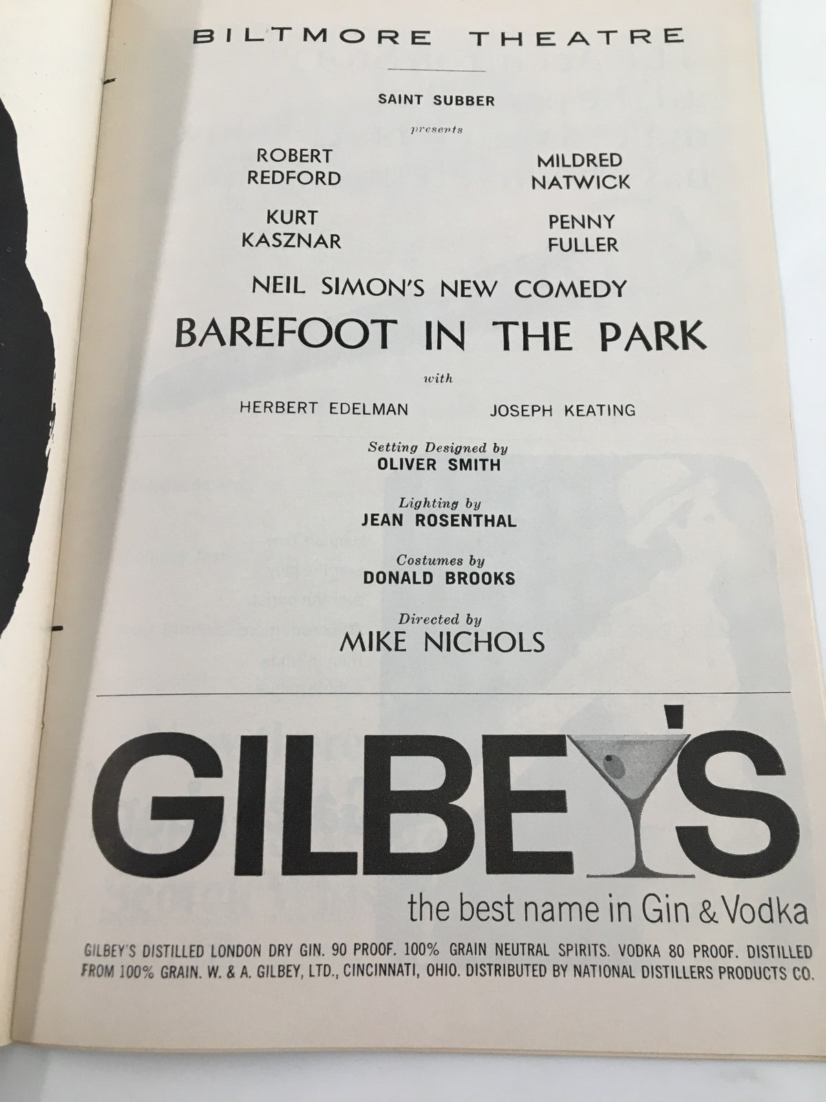 Theatre credits page from the 1964 Playbill for Biltmore Theatre, featuring details on Robert Redford's Barefoot in the Park production.