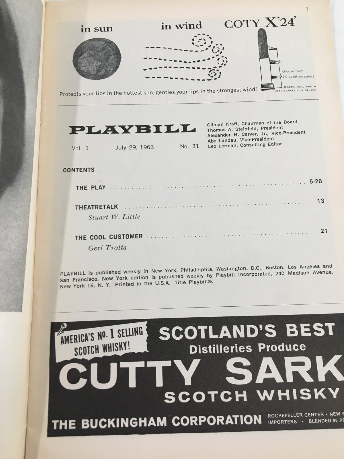 Inside page of the 1963 Playbill for Stop The World - I Want To Get Off, displaying details about the play and advertisements, dated July 29, 1963.