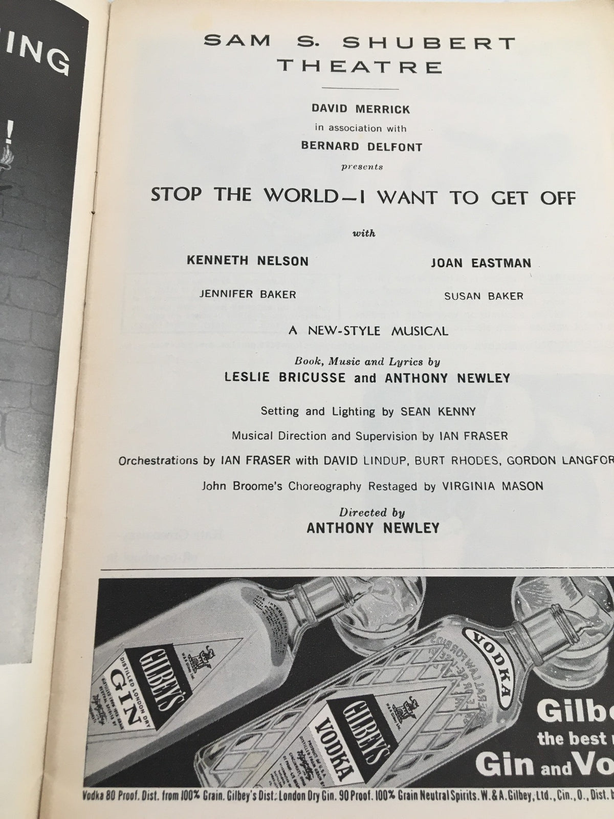 Another inside page of the 1963 Playbill for Stop The World - I Want To Get Off, featuring credits and creative team information from the Sam S. Shubert Theatre.