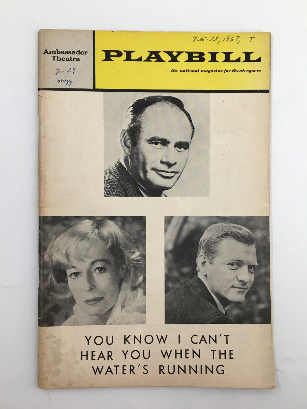 1967 Playbill for 'You Know I Can't Hear You When The Water's Running' featuring profiles of cast members from the Ambassador Theatre.