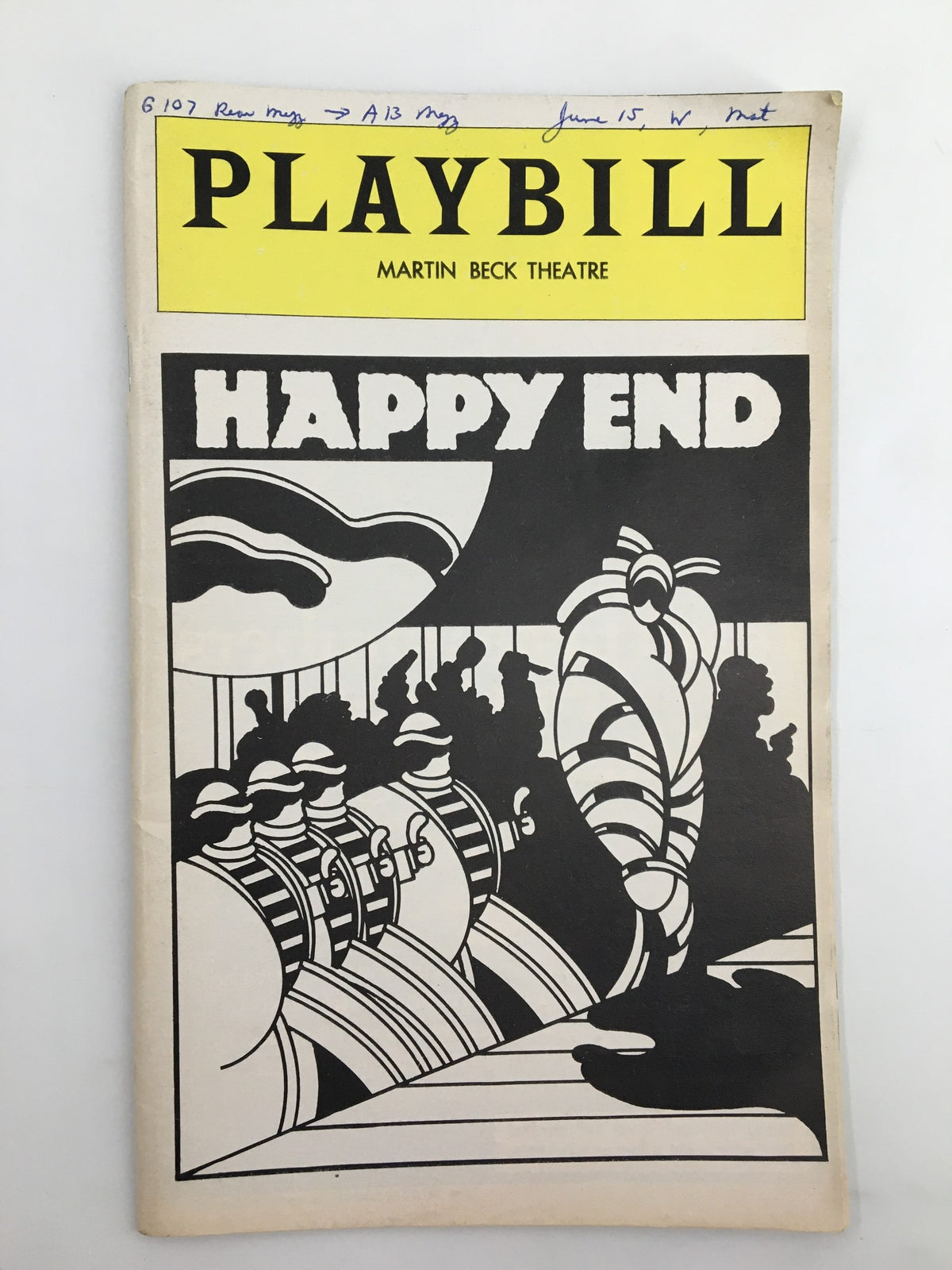 1977 Playbill from Martin Beck Theatre featuring the production Happy End with artwork and design elements.