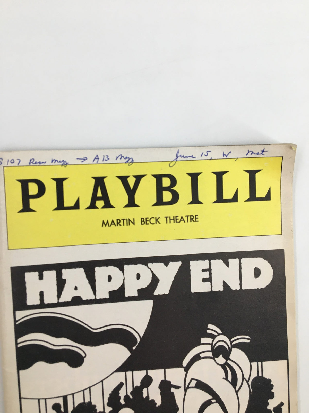 Close-up of the 1977 Playbill Martin Beck Theatre showcasing Happy End, highlighting the title and vintage details.
