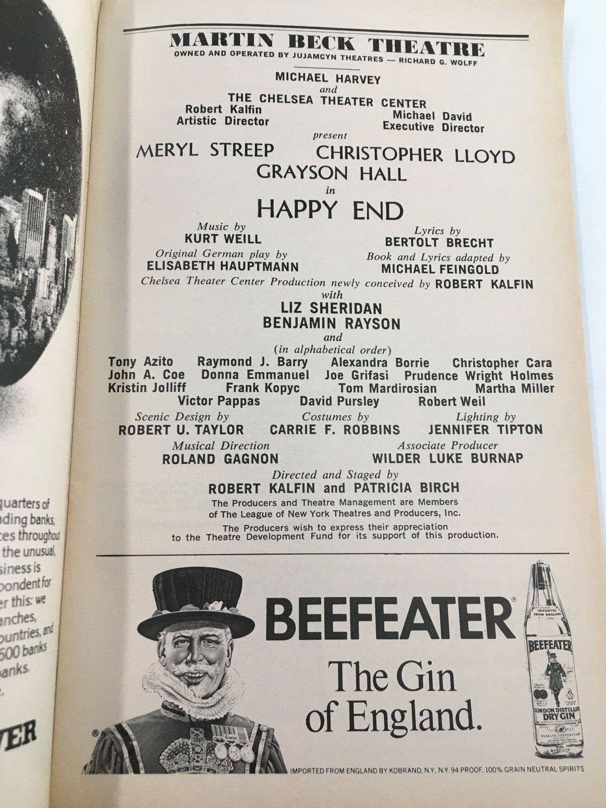Content page from the 1977 Playbill Martin Beck Theatre, including information about cast members Meryl Streep and Grayson Hall in Happy End.