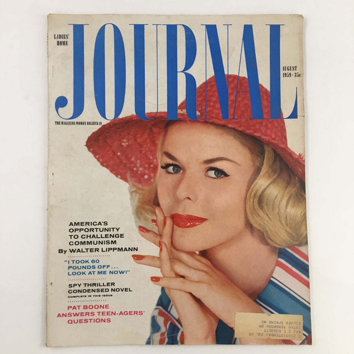 Ladies' Home Journal Magazine August 1959 cover featuring Pat Boone, highlighting the theme 'Answers Teen-Agers Questions' with vibrant colors and an engaging retro design.