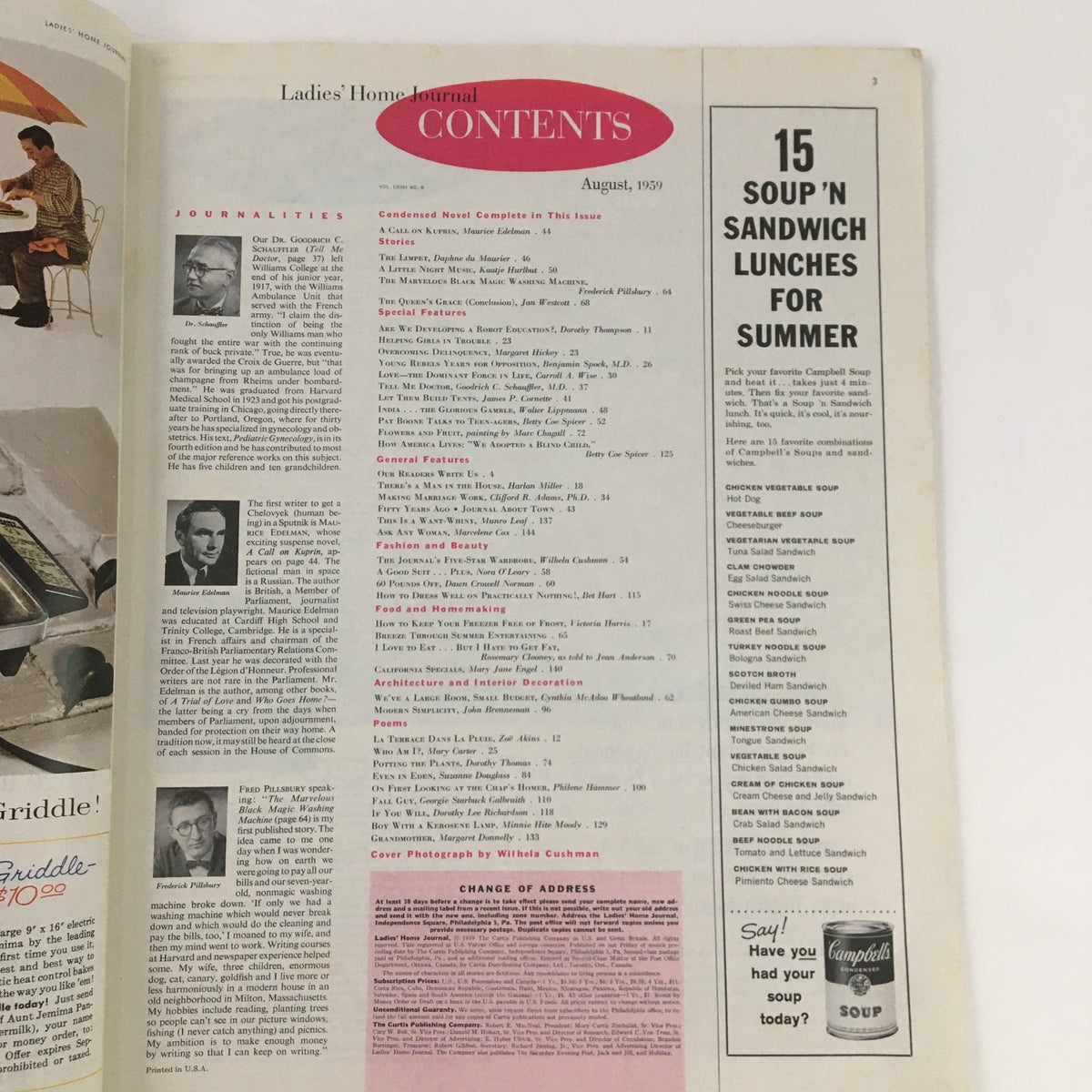 Inside page of Ladies' Home Journal Magazine August 1959 showcasing the table of contents, featuring articles and stories along with a vintage layout characteristic of the era.