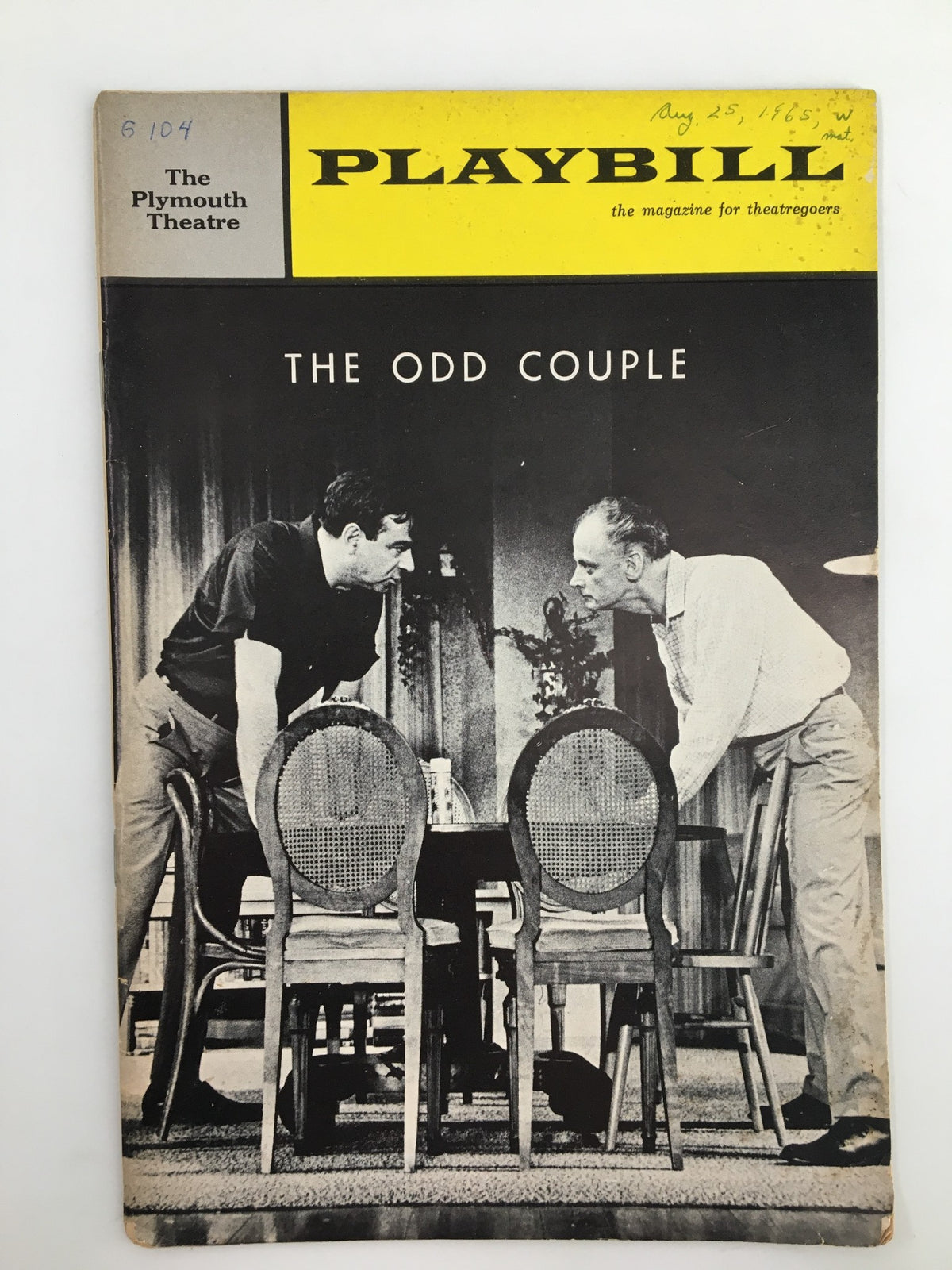 1965 Playbill for The Odd Couple featuring Art Carney and Walter Matthau at the Plymouth Theatre, showcasing a black and white image of the two actors in a comedic scene.