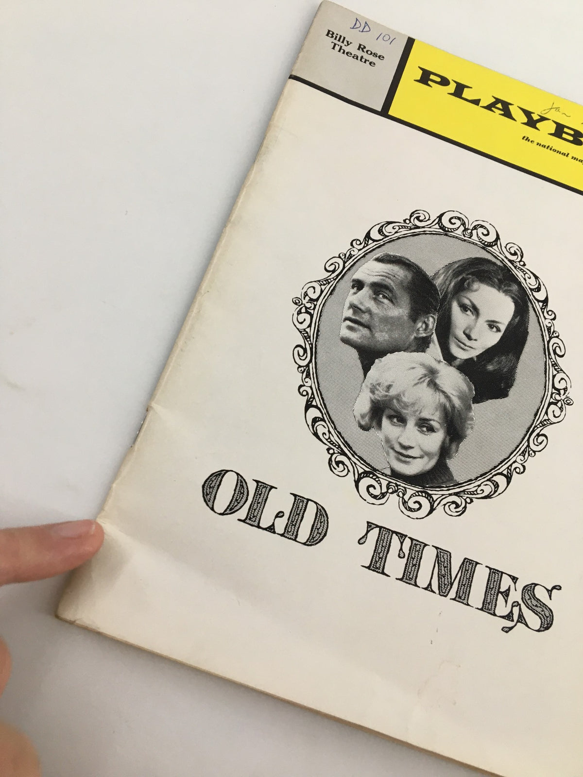 Close-up view of the 1972 Playbill for Harold Pinter's 'Old Times' at Billy Rose Theatre highlighting the title and cast images.