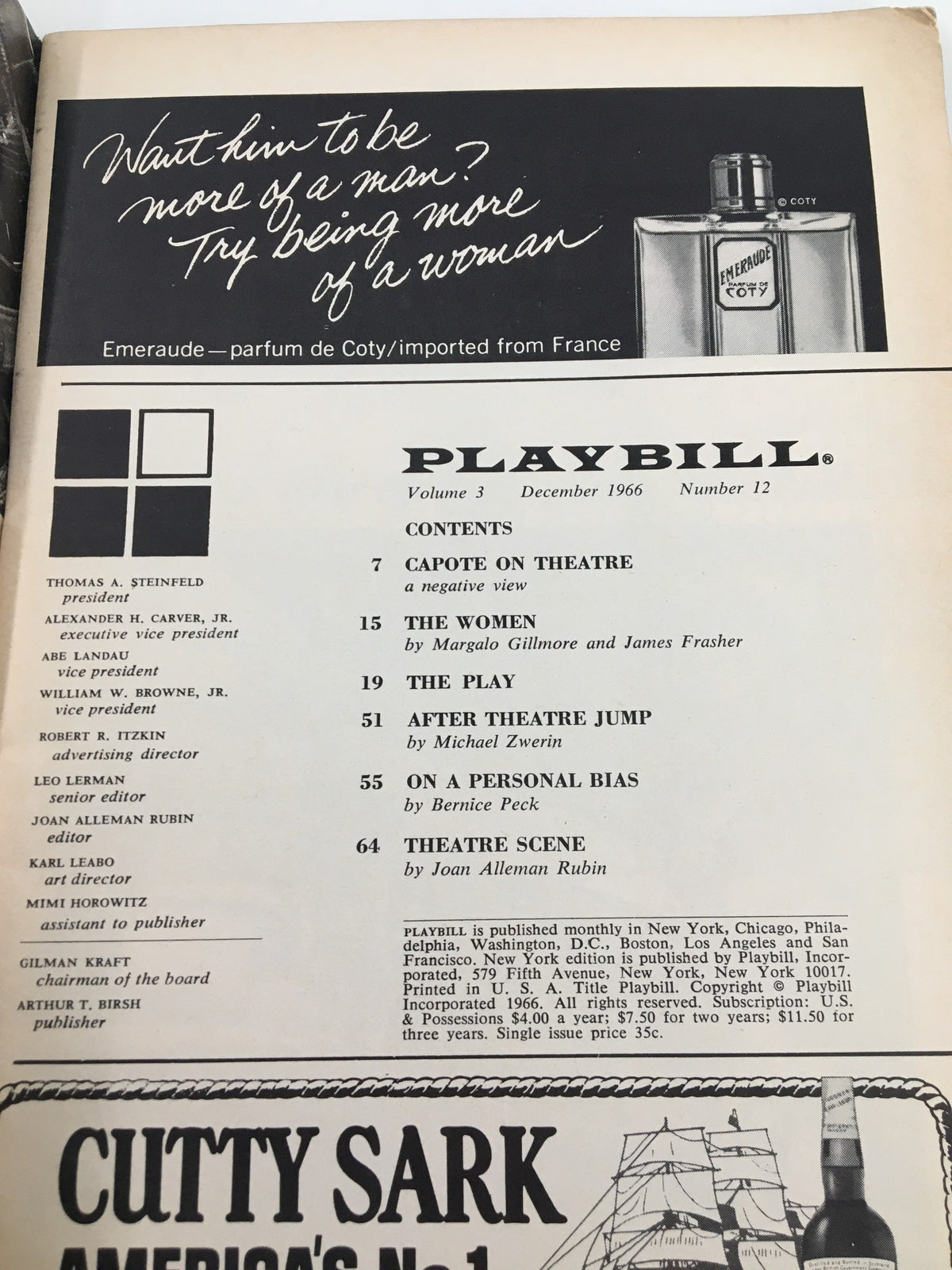 Back cover and contents page of the 1966 Playbill from Billy Rose Theatre showcasing advertisements and articles, reflecting the theatre culture of the time.