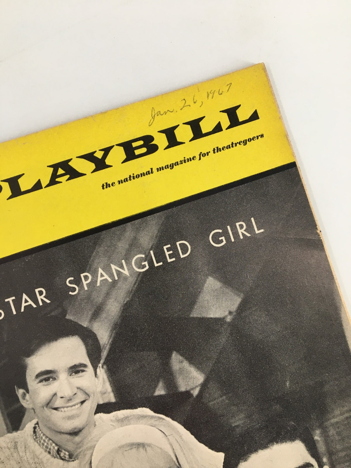 Detailed view of the date written on the cover of the 1967 Playbill The Plymouth Theatre for The Star-Spangled Girl.