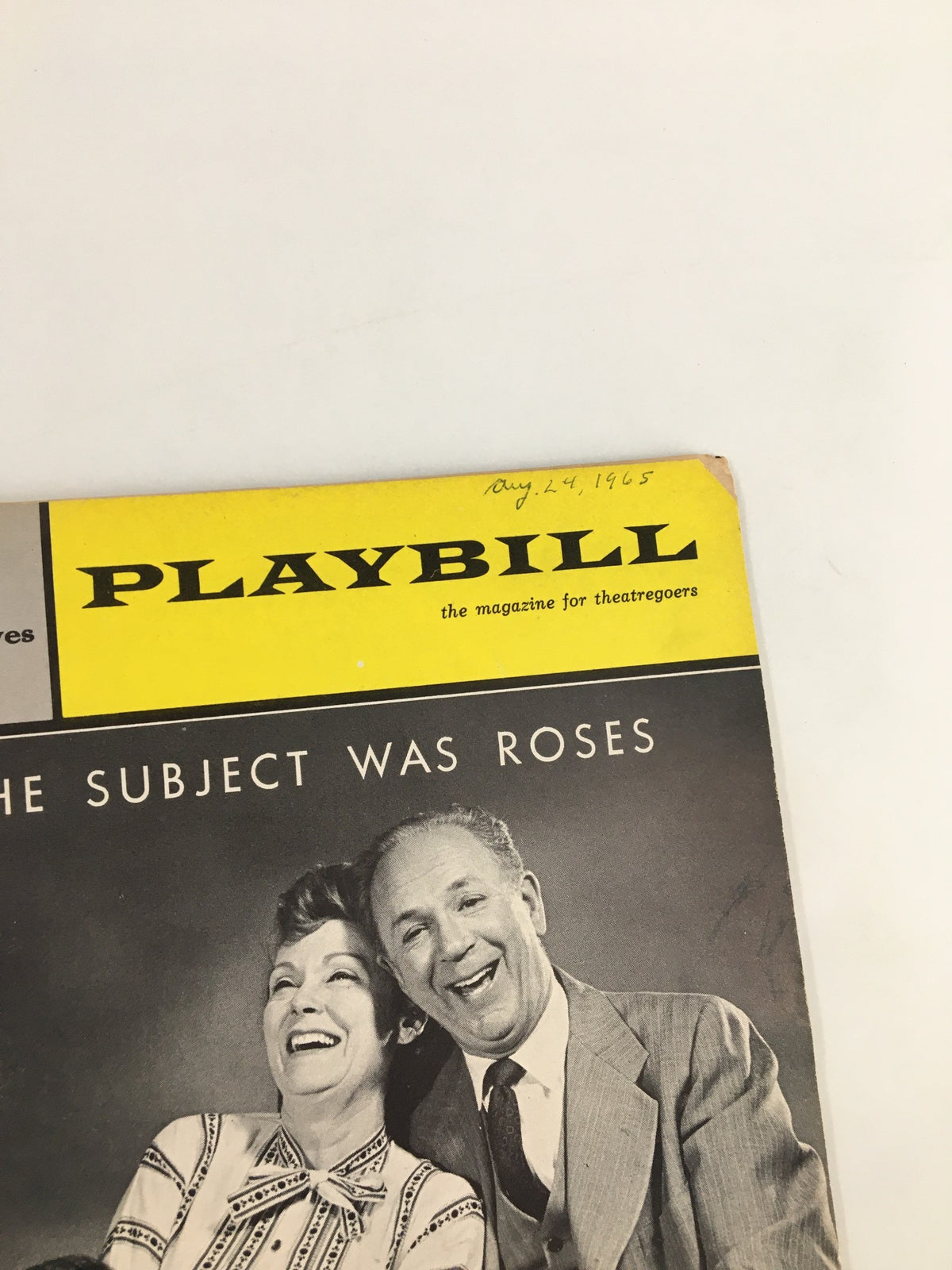 Cover of the 1965 Playbill from Helen Hayes Theatre featuring Jack Albertson in The Subject Was Roses, displaying vintage design with the performance title and signatures.