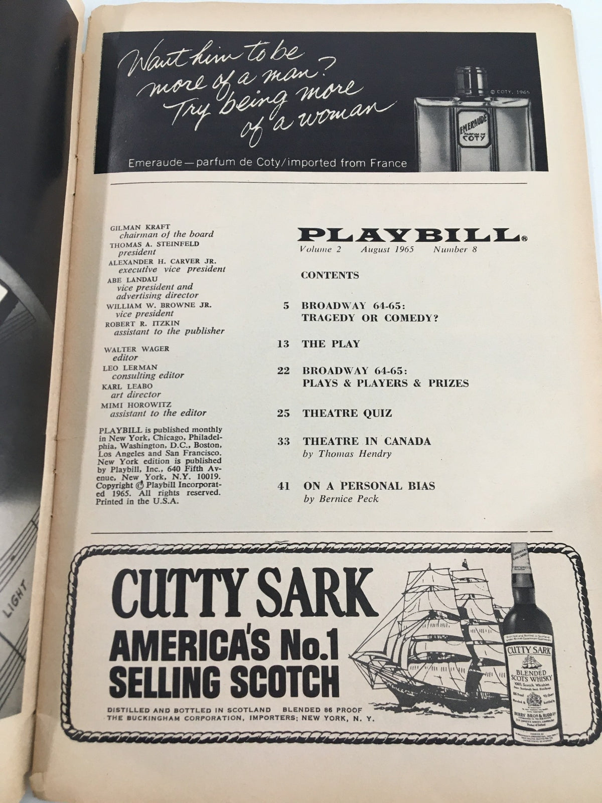 Inside page of the 1965 Playbill from Helen Hayes Theatre, including table of contents and advertisements, offering a glimpse into Broadway's history and the production details of The Subject Was Roses.