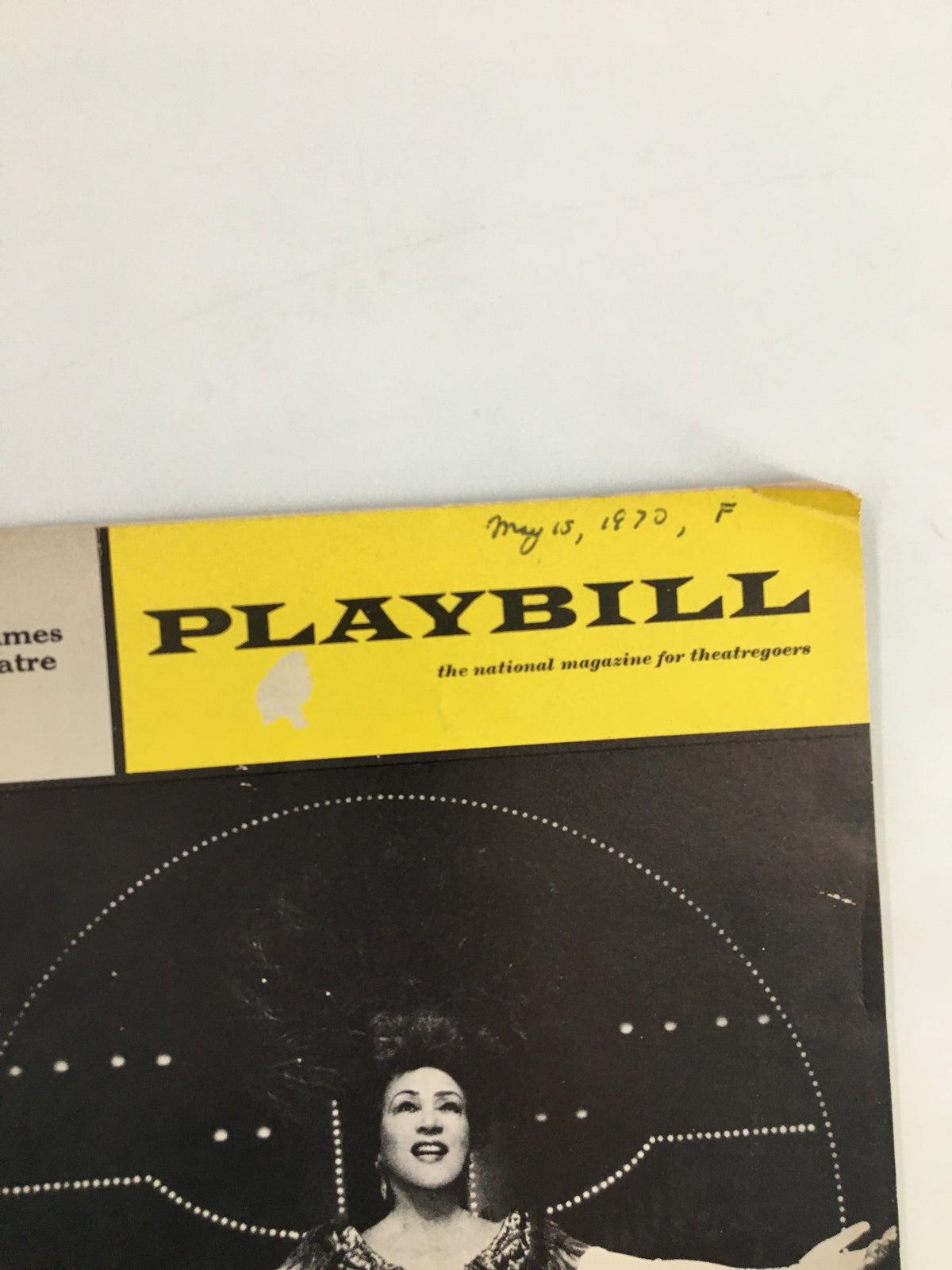 Close-up of the 1970 Playbill from St. James Theater with handwritten date, featuring Ethel Merman in Hello, Dolly!