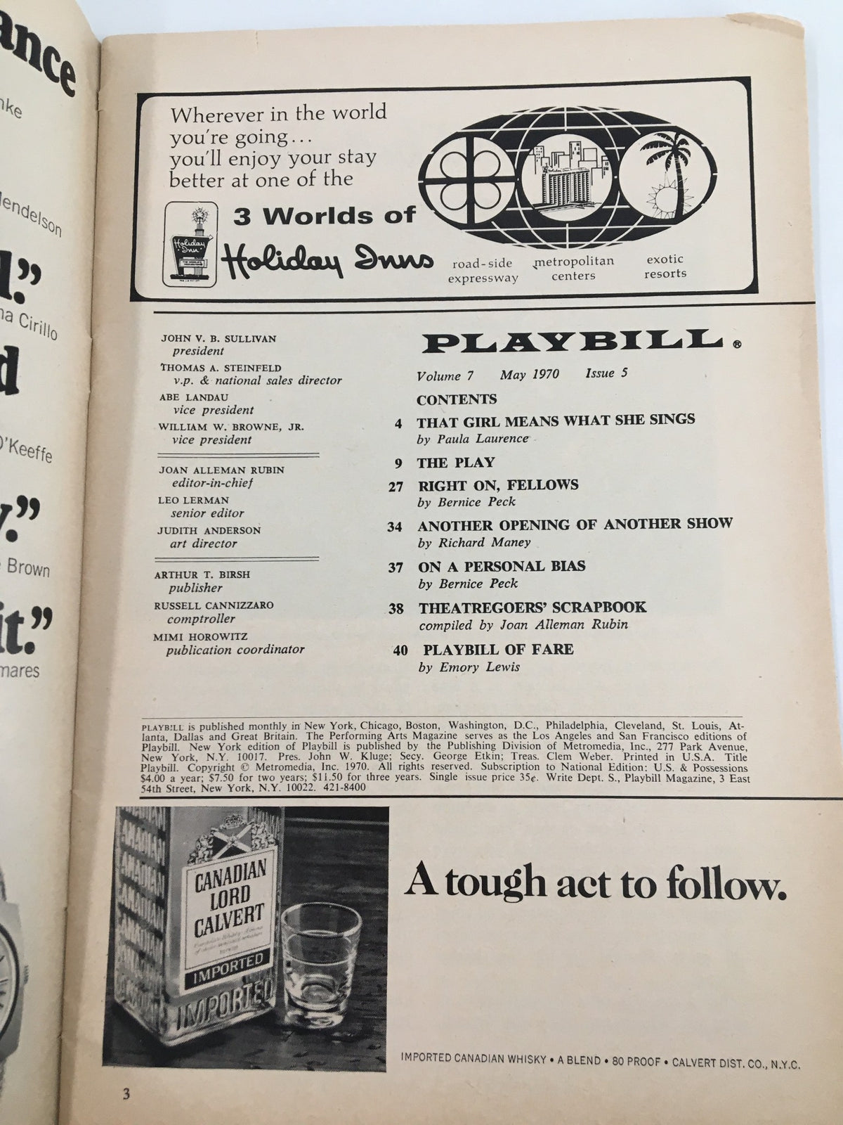 Page from the May 1970 Playbill for Hello, Dolly! at the St. James Theater featuring content list and details about the show, showcasing its theatrical history.