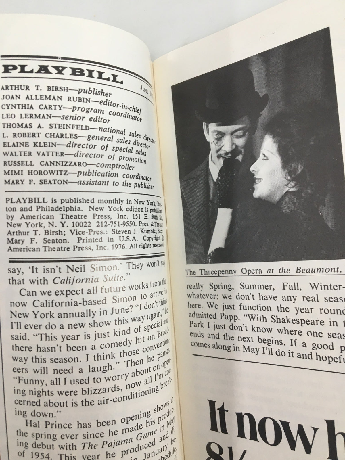 Interior page of the 1976 Playbill from Plymouth Theatre for Equus, showcasing production notes and cast information.