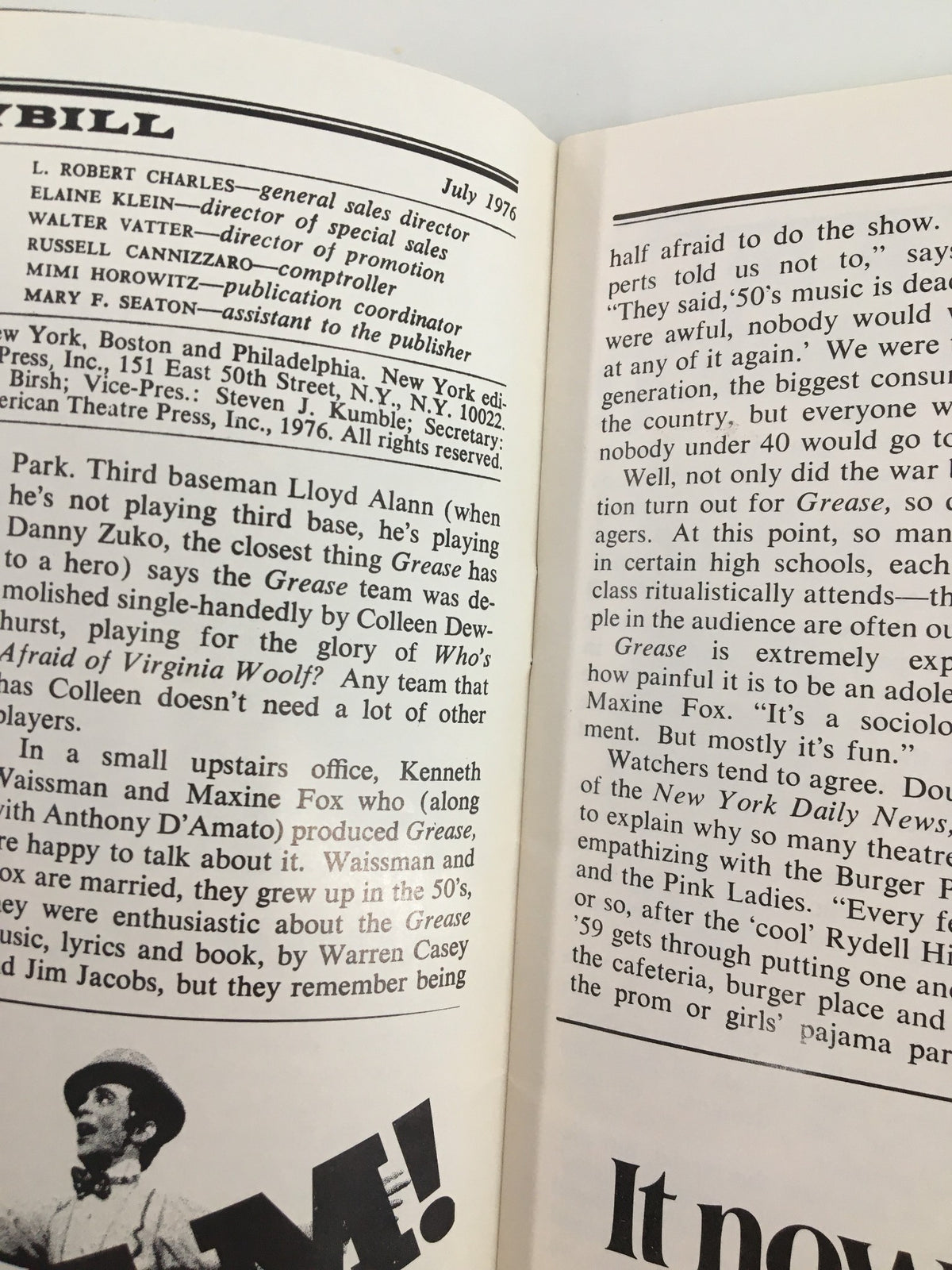 Interior page of the 1976 Playbill from Helen Hayes Theatre, featuring insights about the performances and cast.