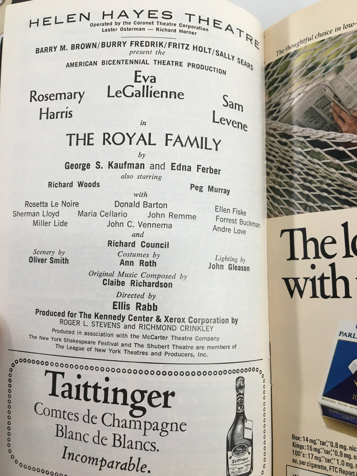 Another interior page of the 1976 Playbill from Helen Hayes Theatre, listing the cast of 'The Royal Family' including Rosemary Harris.
