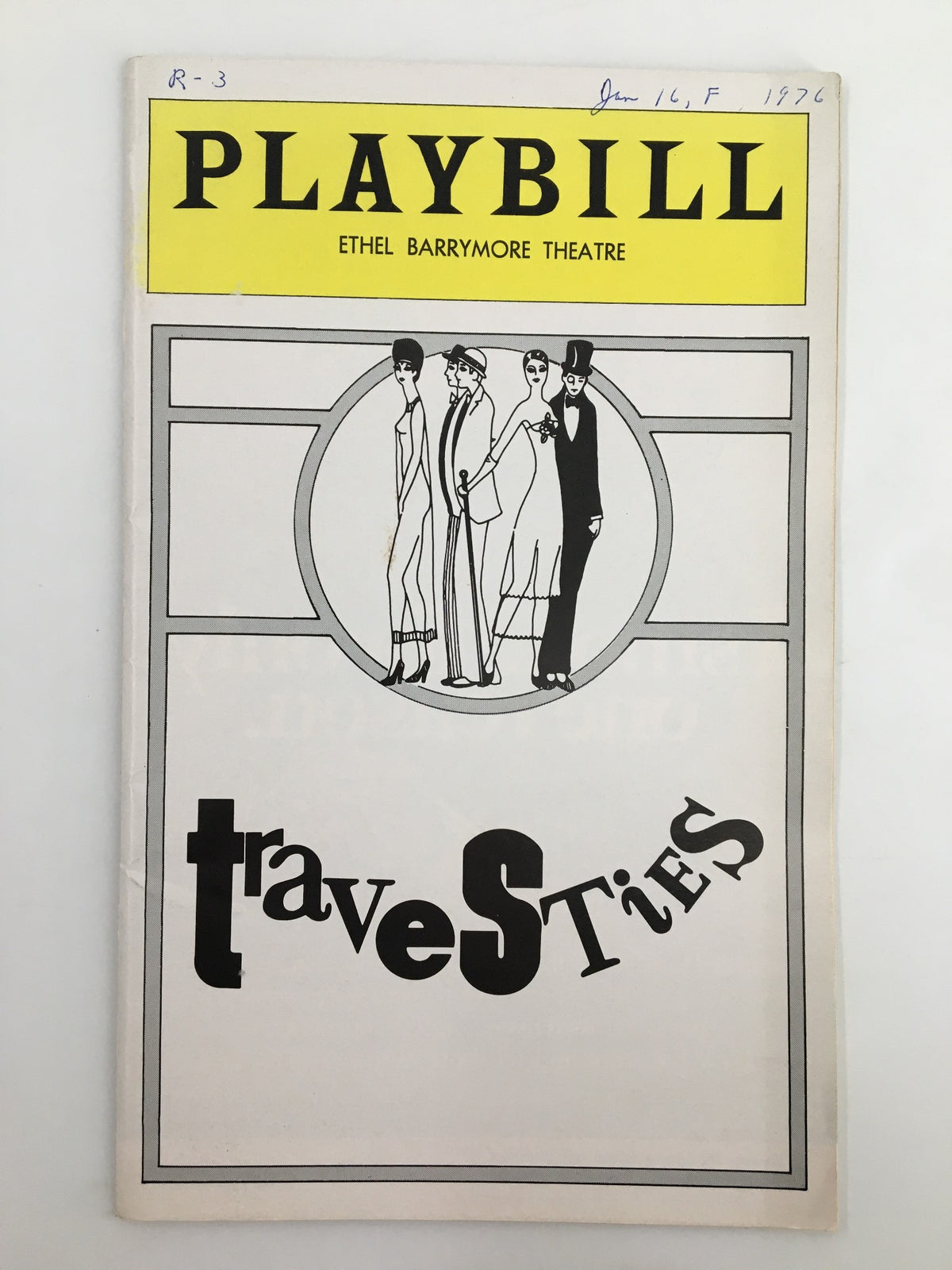 1976 Playbill cover for Travesties at Ethel Barrymore Theatre featuring graphic design and images of performers.