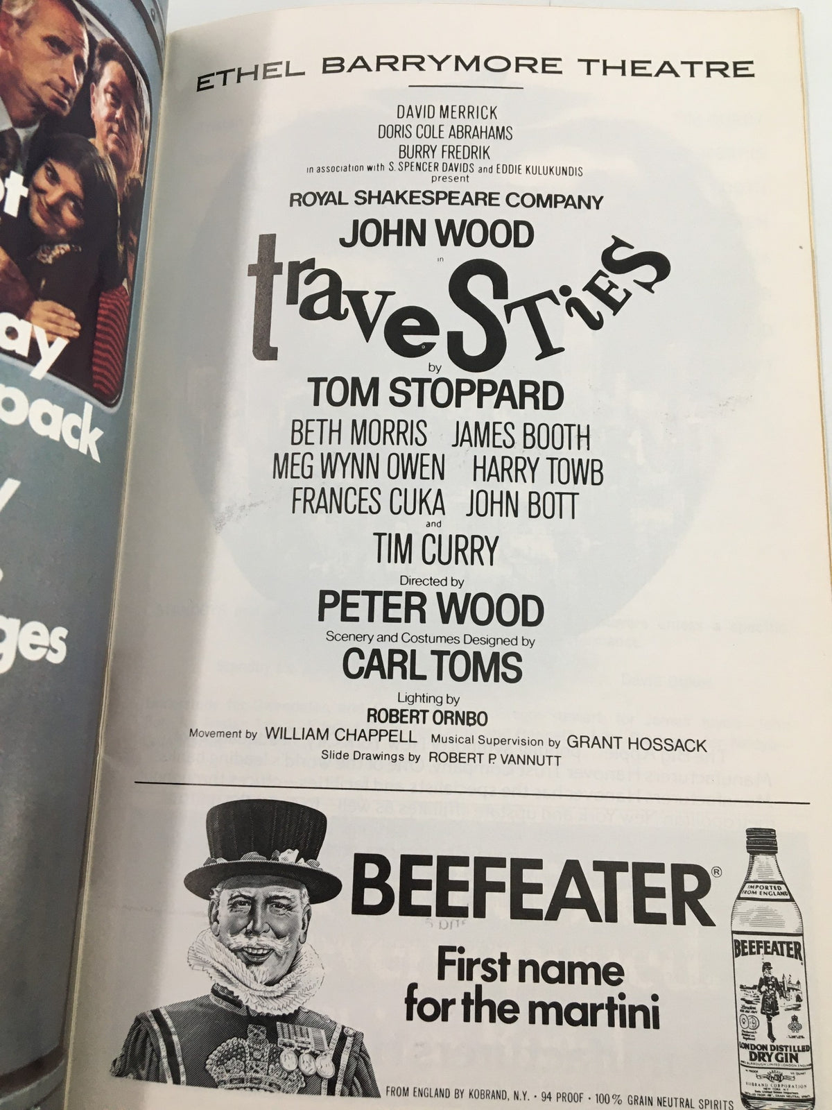 1976 Playbill for Ethel Barrymore Theatre featuring John Wood in Travesties by Tom Stoppard, showcasing the cast and creative team including David Merrick, Beth Morris, and Tim Curry, complete with vibrant graphics and historical details.
