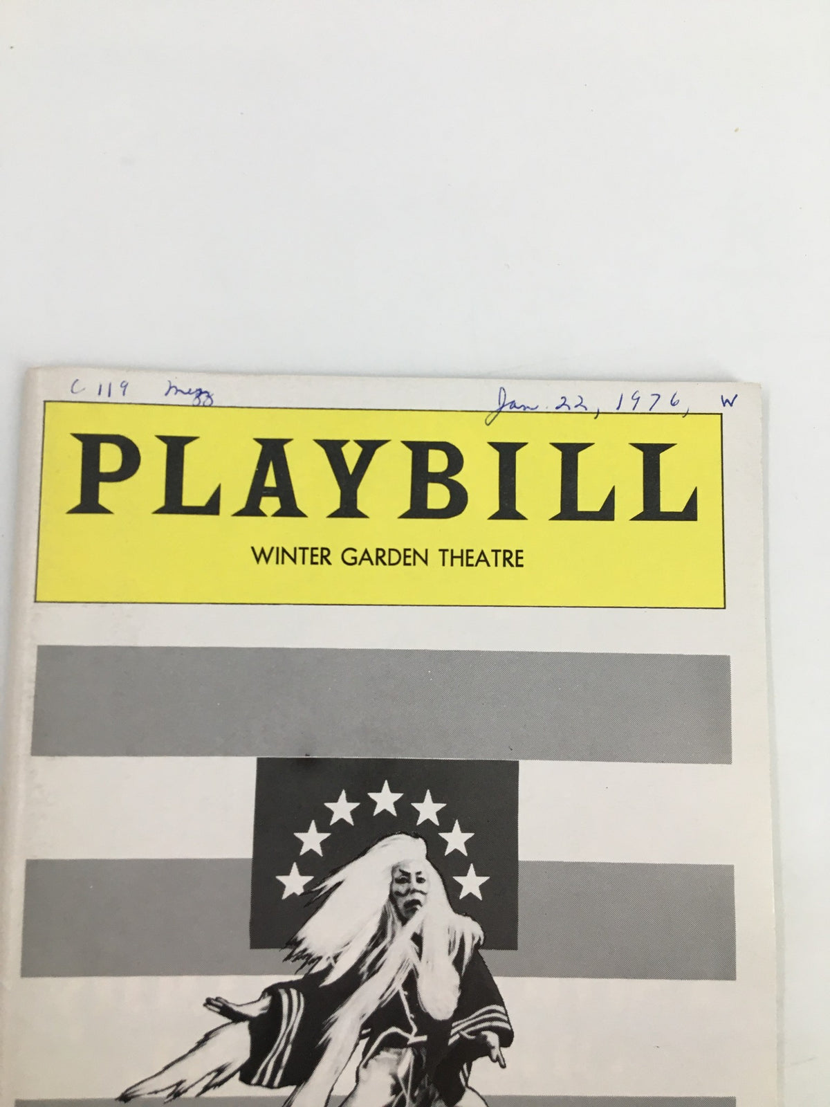 Close-up of the 1976 Playbill Winter Garden Mako, Soon-Teck Oh in Pacific Overtures with handwritten date and notes on the cover.