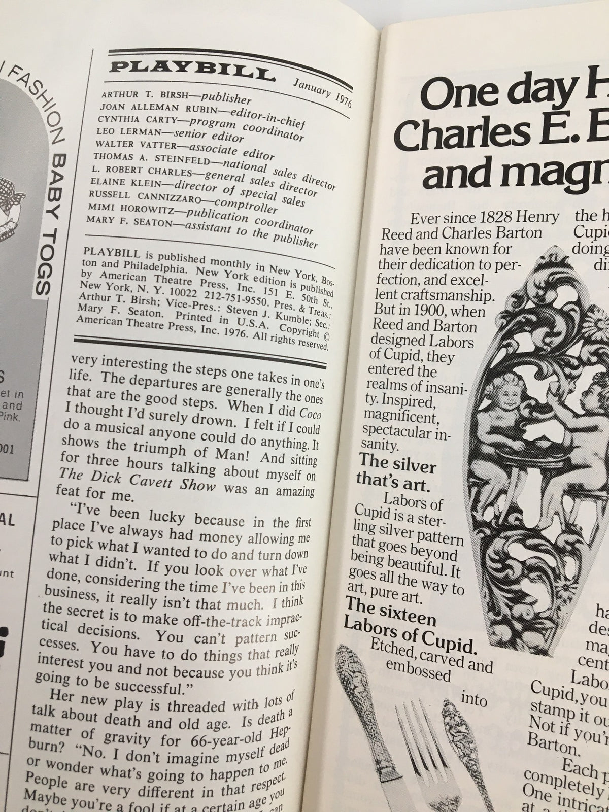 Inside page of the 1976 Playbill Winter Garden Mako, Soon-Teck Oh in Pacific Overtures displaying publisher information and advertisements from January 1976.