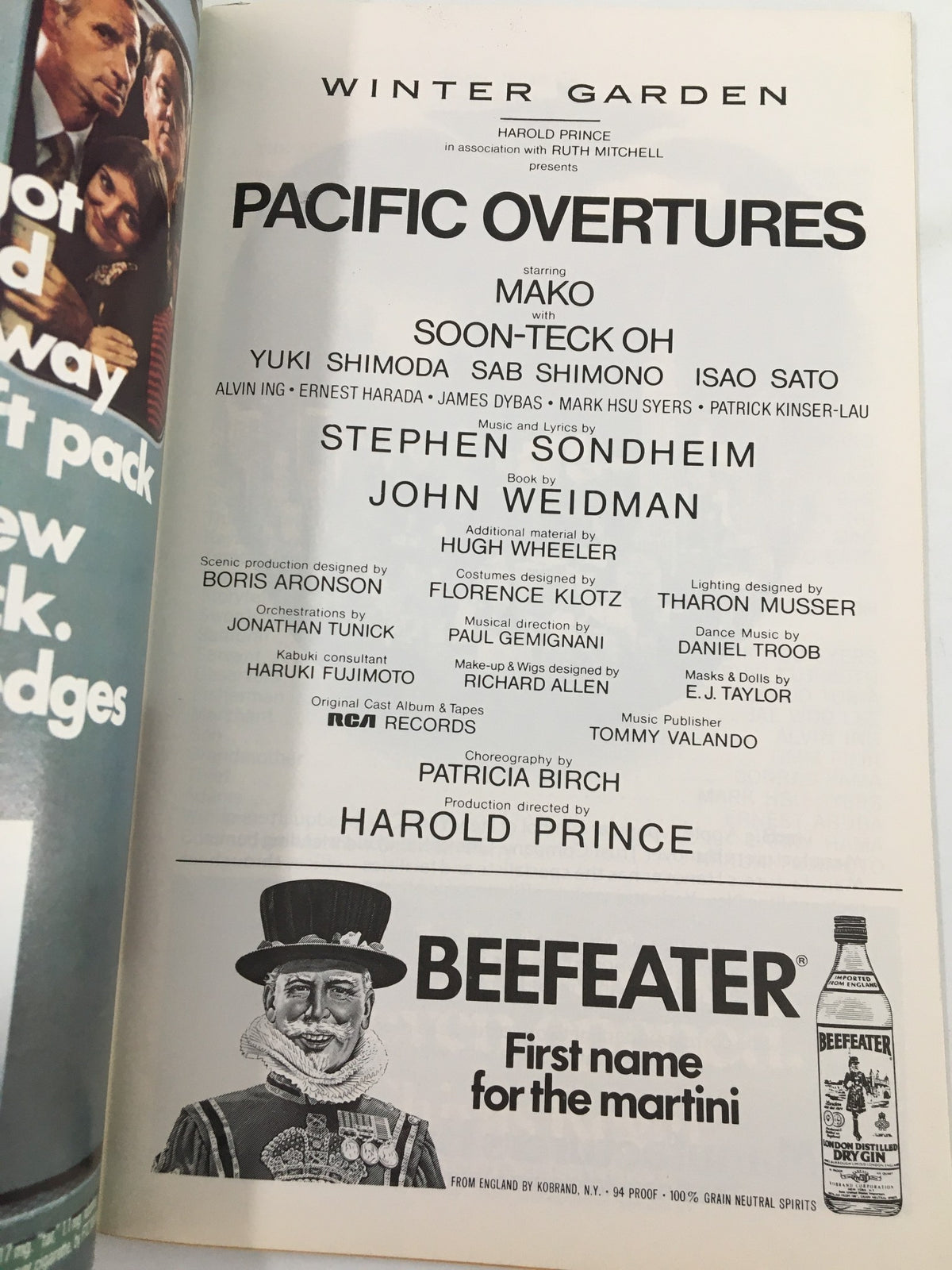 1976 Playbill for Pacific Overtures at Winter Garden Theatre featuring Mako and Soon-Teck Oh, highlighting the cast and production team, including Stephen Sondheim and Harold Prince.