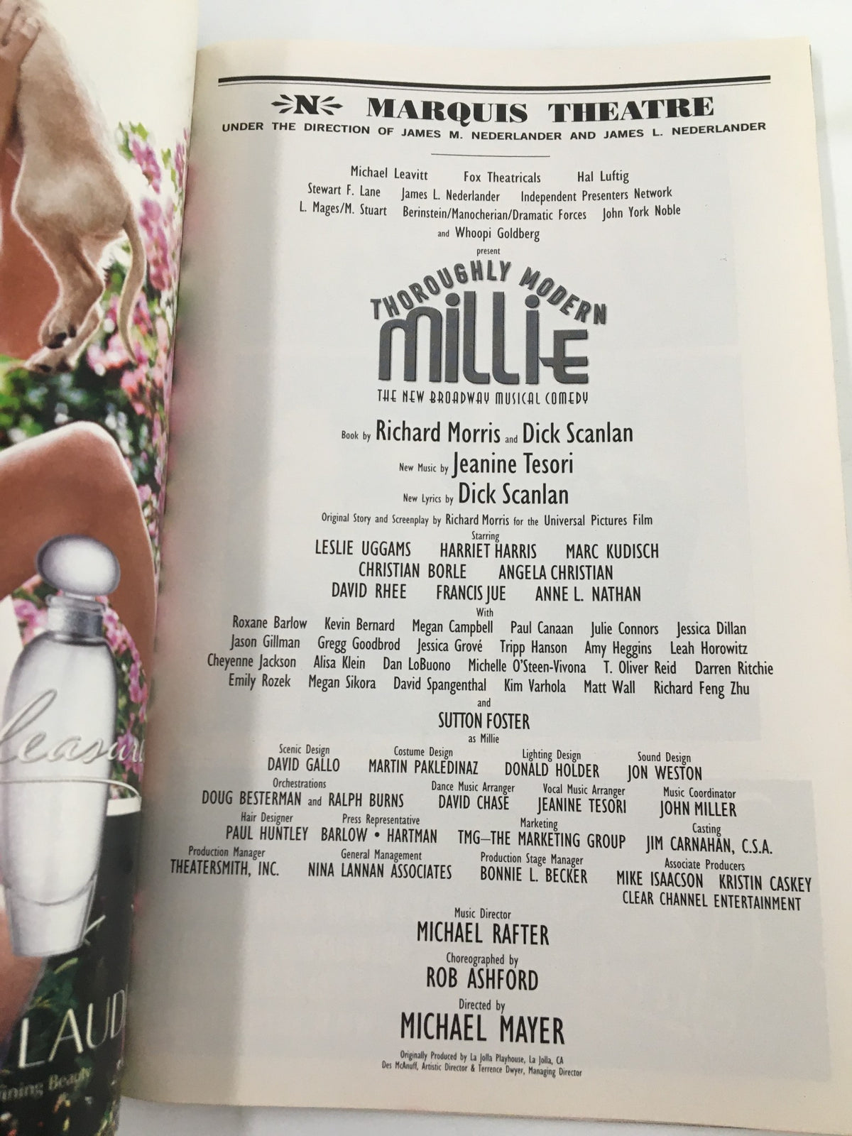 Cast list page from the 2003 Playbill featuring Whoopi Goldberg in Thoroughly Modern Millie, detailing the production team and actors involved.