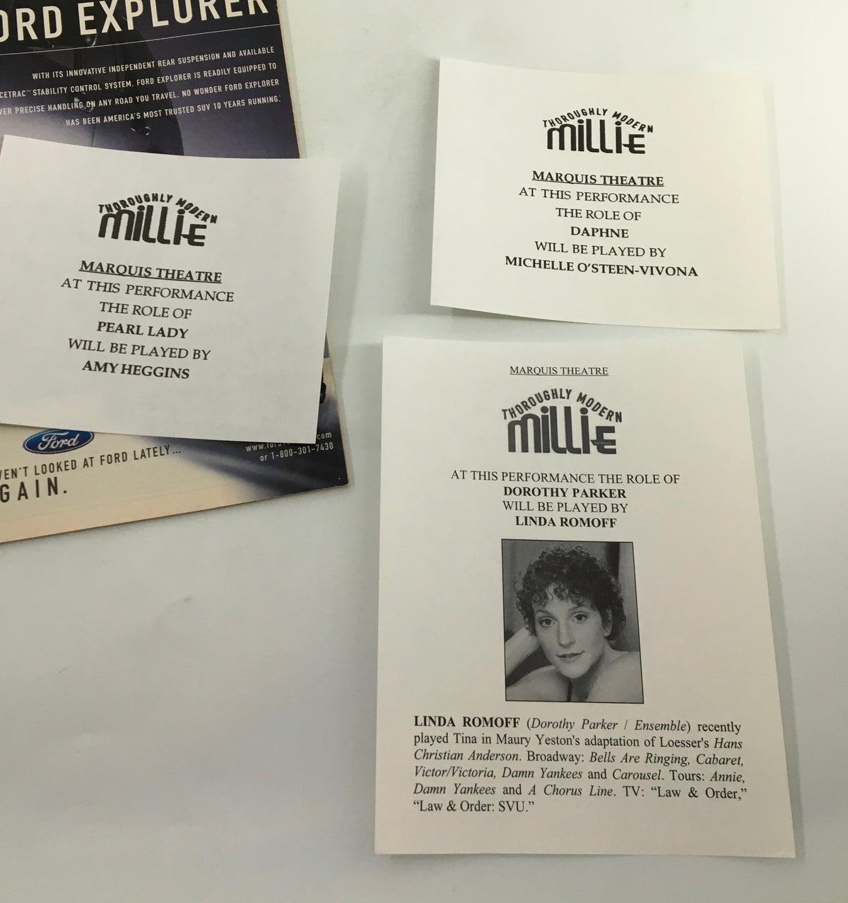 Image of a 2003 Playbill featuring Whoopi Goldberg in Thoroughly Modern Millie, showcasing character role descriptions and cast information for the Marquis Theatre production.