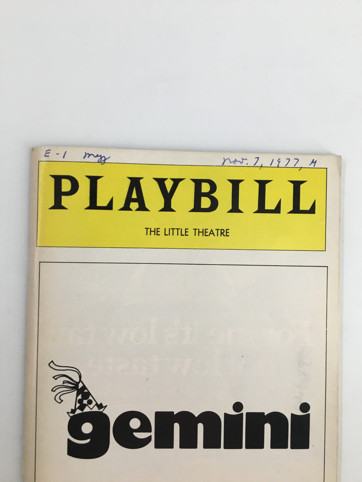 Close-up of the 1977 Playbill The Little Theatre for Gemini, highlighting the iconic yellow header and theatrical design.