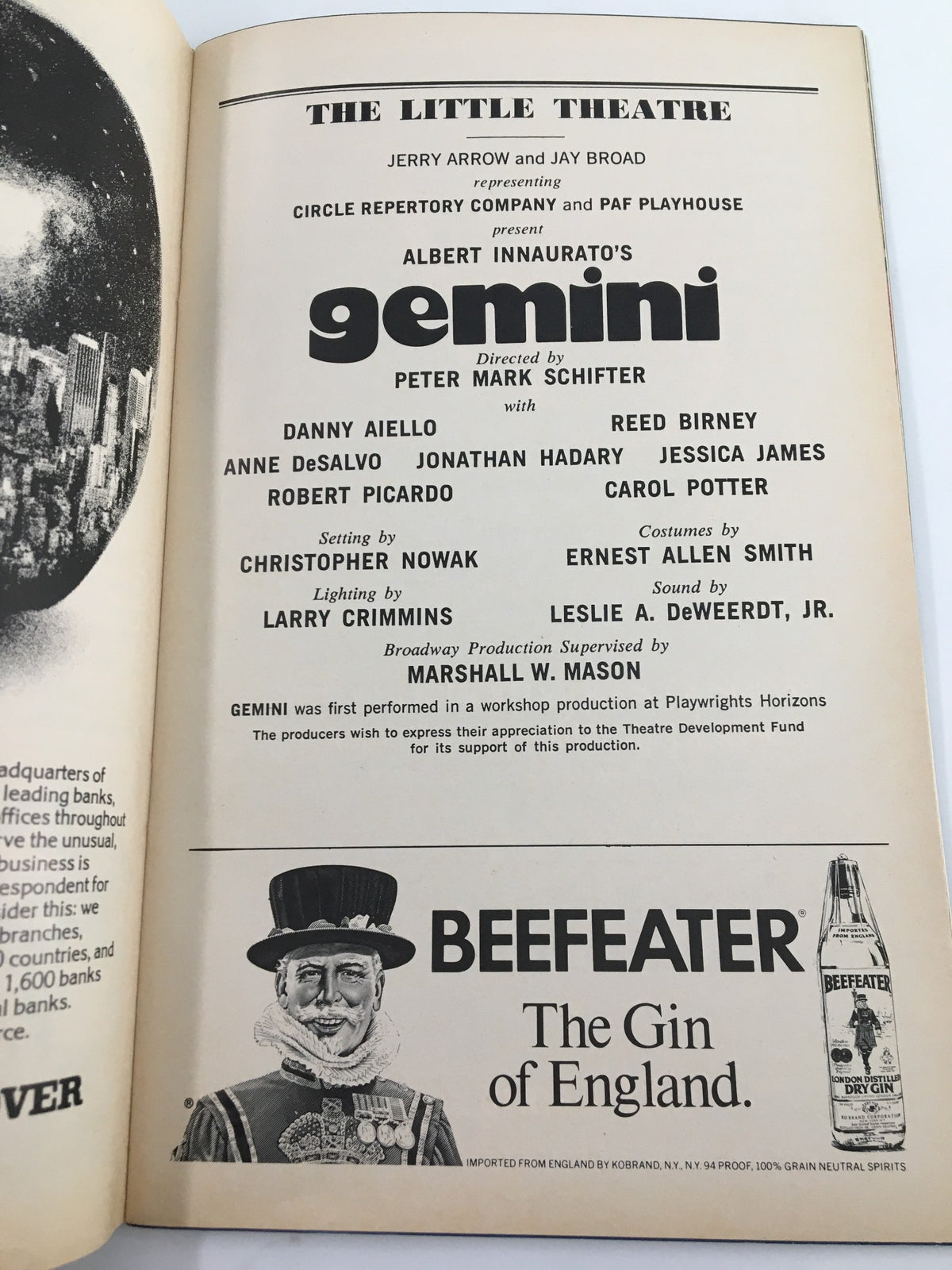 1977 Playbill from The Little Theatre featuring the play 'Gemini' directed by Peter Mark Schifter. The cover showcases actors Danny Aiello and Reed Birney, along with promotional details for the production, providing a glimpse into the theatrical culture of the 1970s.