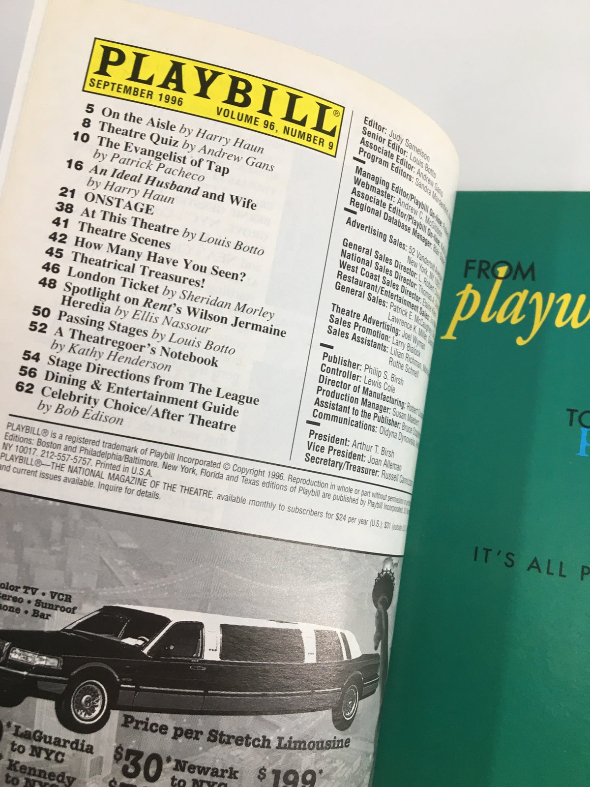 Inside page of the 1996 Plymouth Theatre Playbill featuring 'A Delicate Balance,' displaying the table of contents and various advertisements from September 1996.