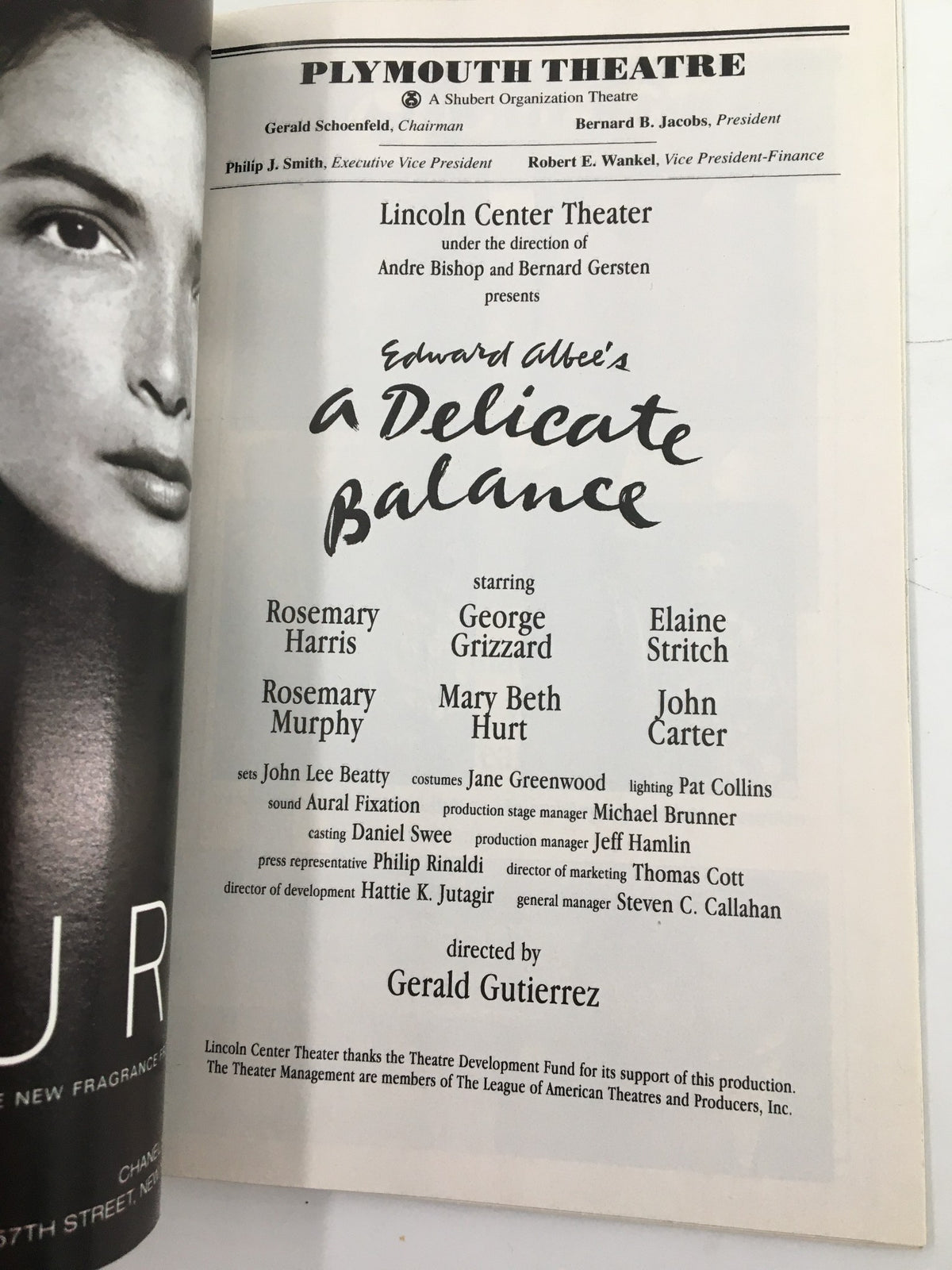 The cast page of the 1996 Playbill for 'A Delicate Balance' at Plymouth Theatre, featuring Rosemary Harris and other notable actors.