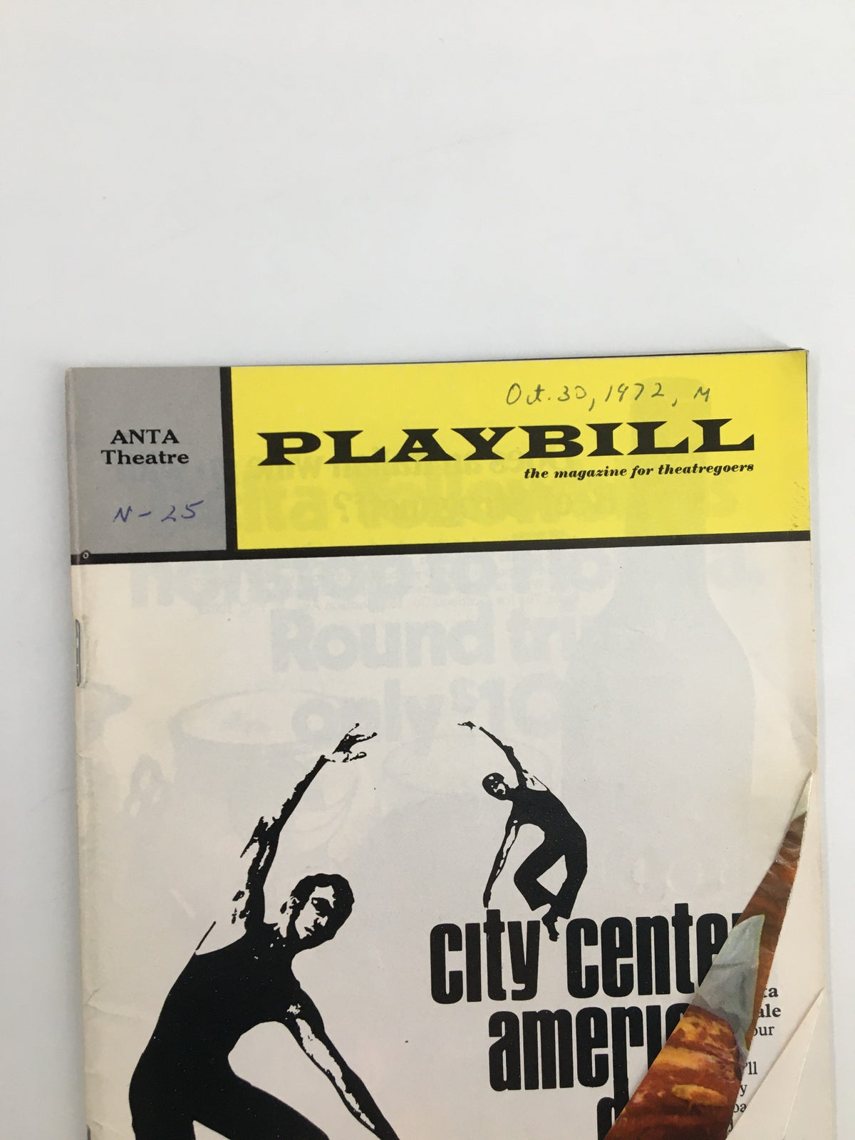 Close-up of the 1972 Playbill Anta Theatre City Center American Dance Marathon '72, highlighting the title and date with a unique artistic layout.