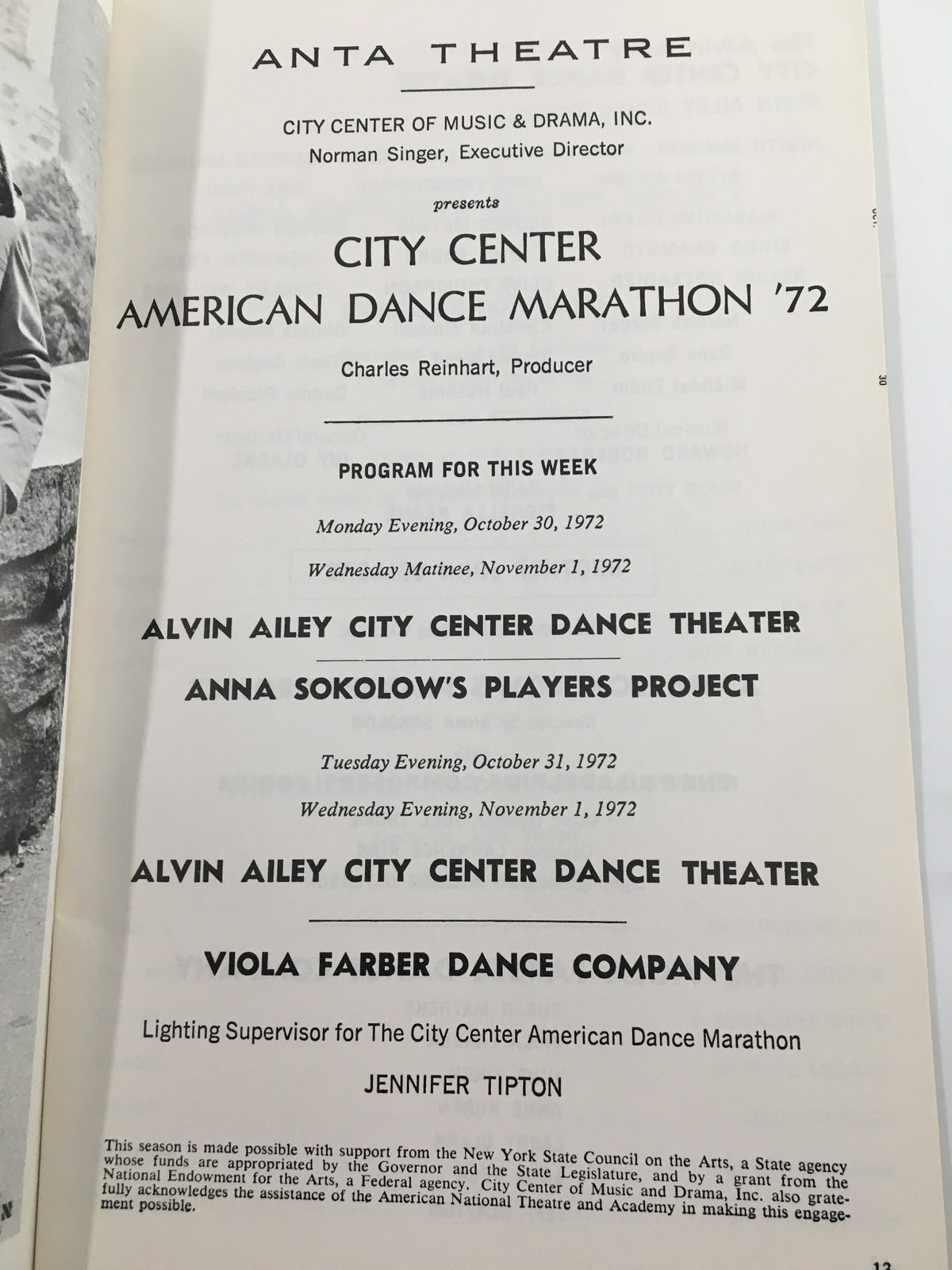 Detailed program page from the 1972 Playbill of 'American Dance Marathon '72' showcasing the various performances at City Center of the American Dance.