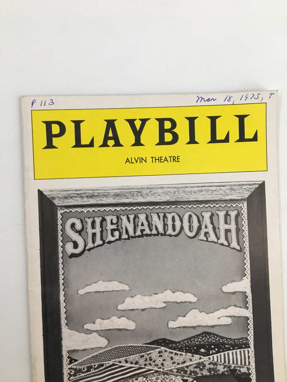 1975 Playbill Alvin Theatre cover featuring 'Shenandoah' musical with illustrations and details on the production.